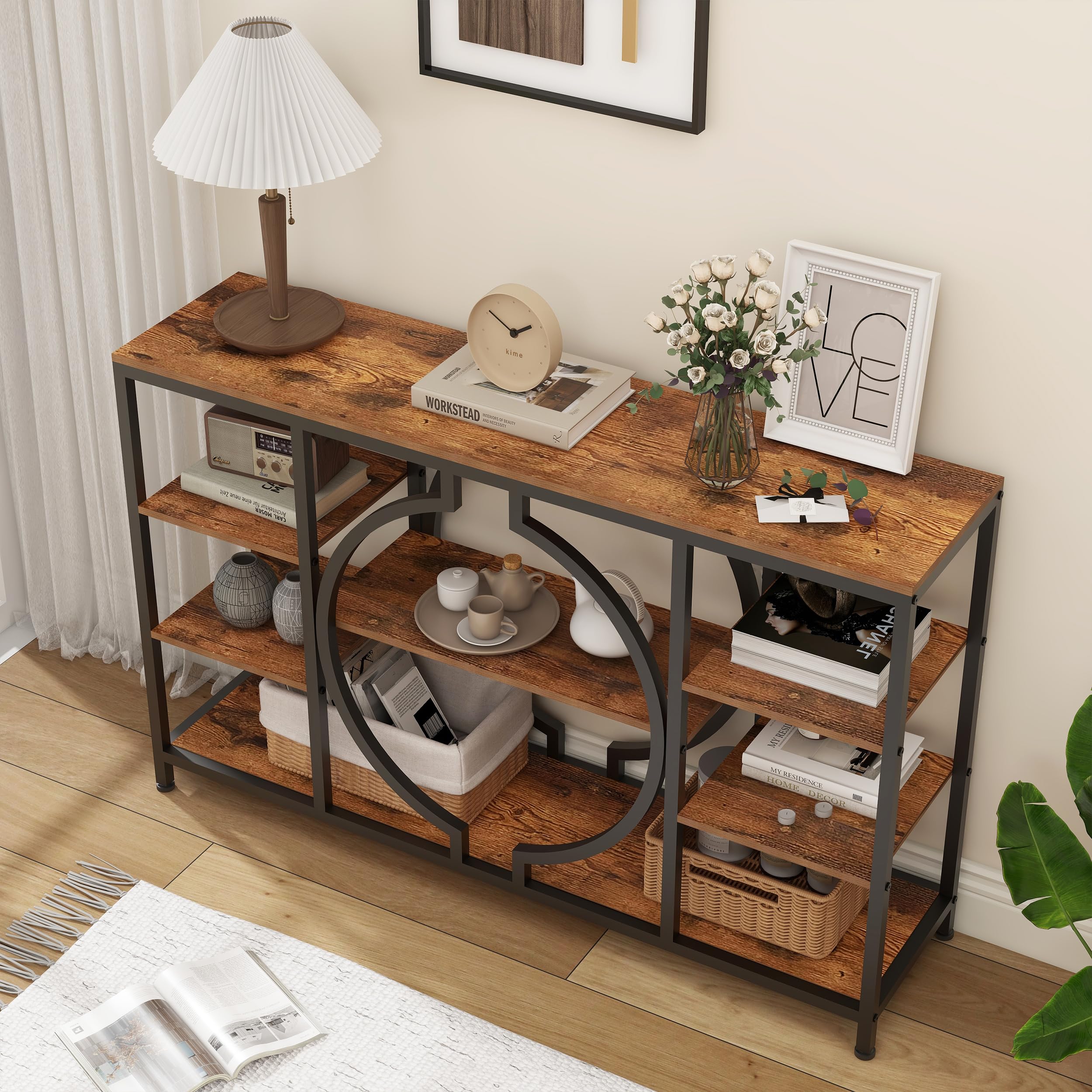 47" Industrial Console Table, Rustic Sofa Table with 4-Tier Wooden Shelves for Entryway, Hallway, Living Room