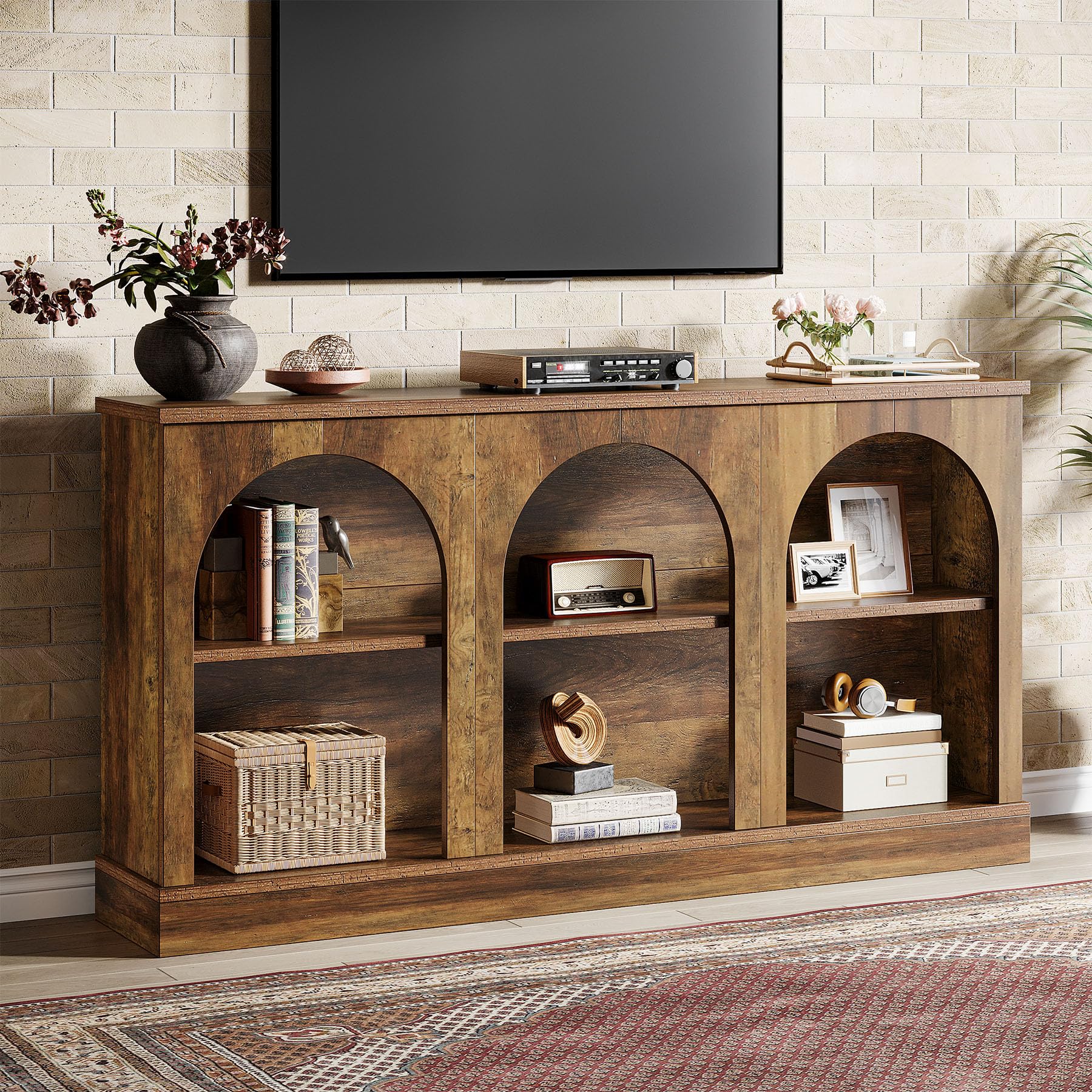 Farmhouse TV Console Stand for 55-65 Inch TVs, Rustic Entertainment Center with Storage Cabinets, Brown Finish