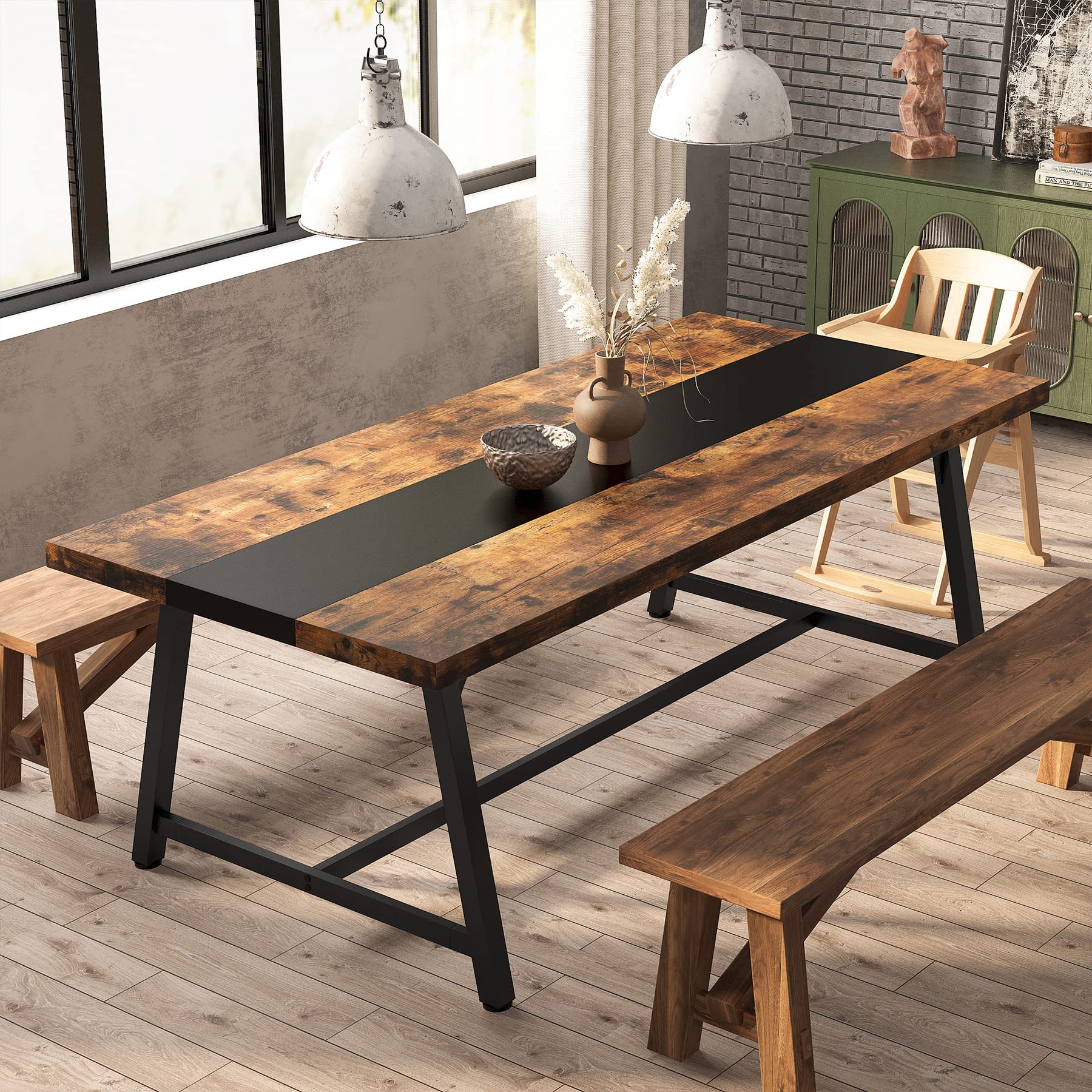 70.87" Industrial Dining Table, Large Rustic Brown Wood Kitchen Table with Metal Frame for Big Families