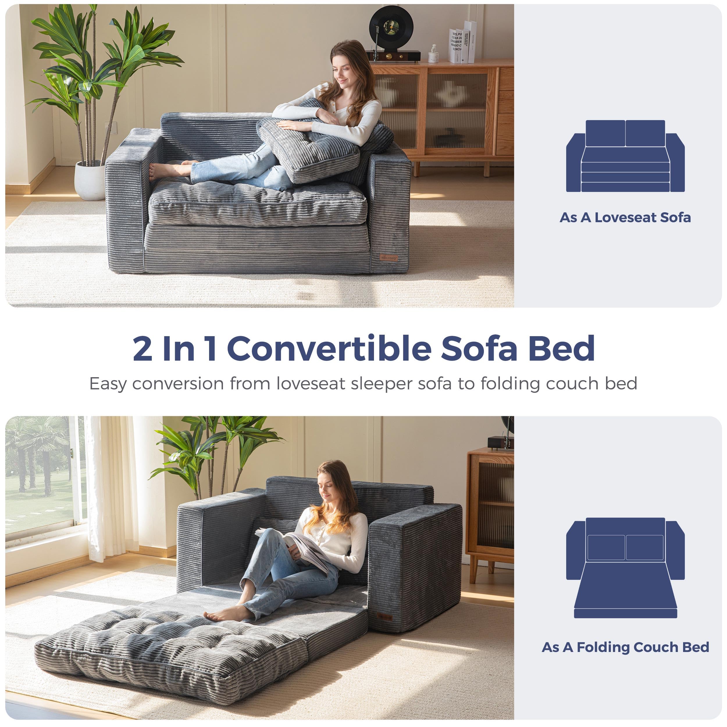 Convertible Sofa Bed – 2-in-1 Pull Out Loveseat Sleeper with Foldable Frame & Pillows, Dark Grey Couch for Lounge or Bedroom