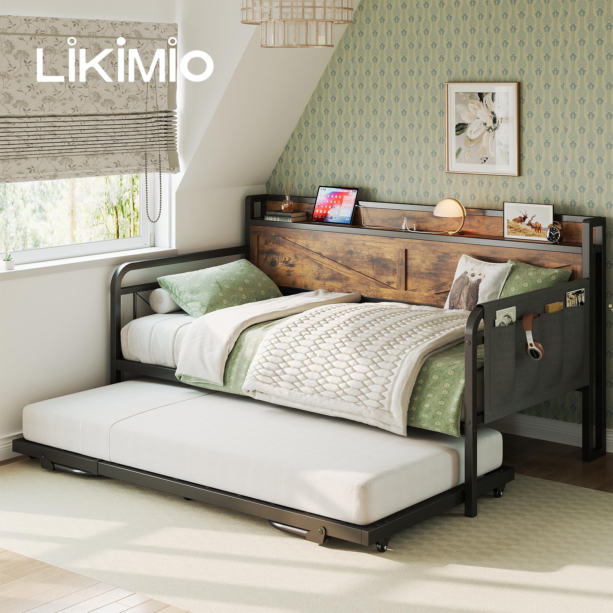 Twin Daybed with Trundle – Brown Industrial Sofa Bed with Storage Headboard & Charging Station for Bedroom or Guest Room