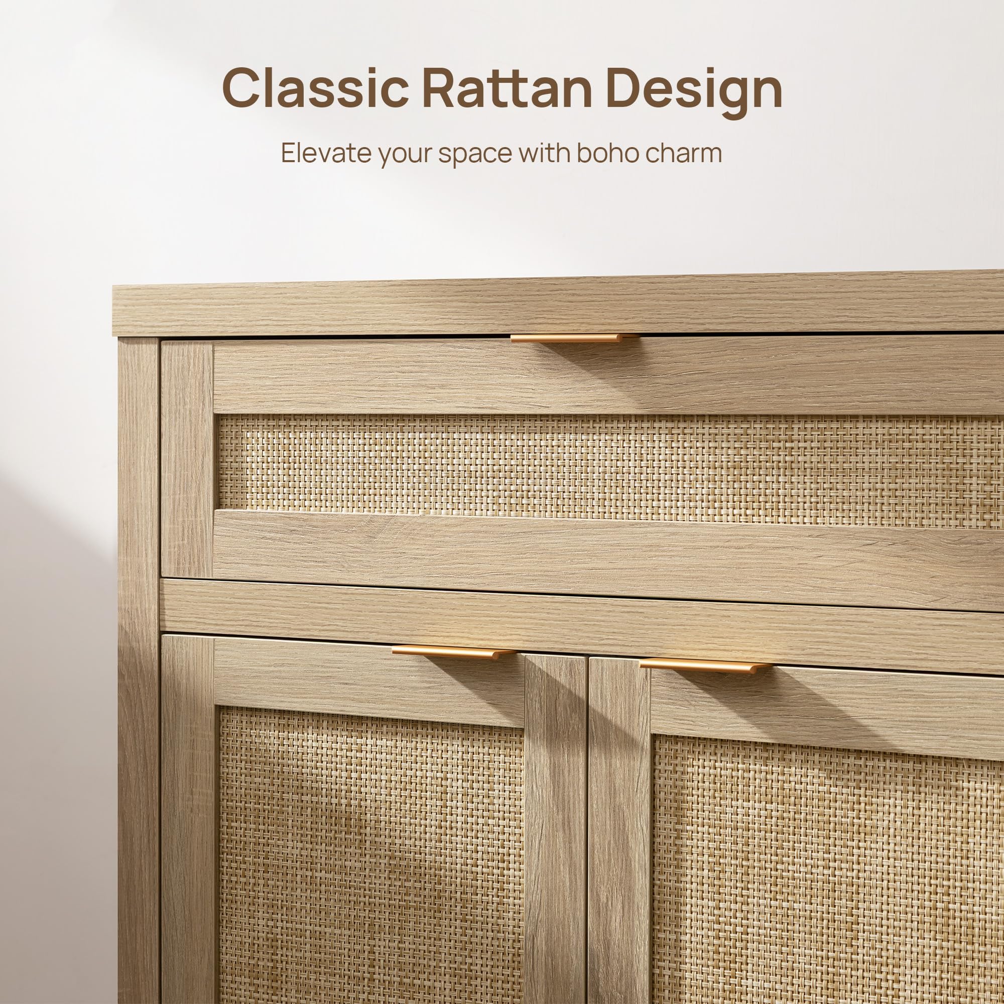 Sideboard Buffet Storage Cabinet Set of 2, Natural Rattan Credenza Console with Drawer & Doors, Coffee Bar for Living Room