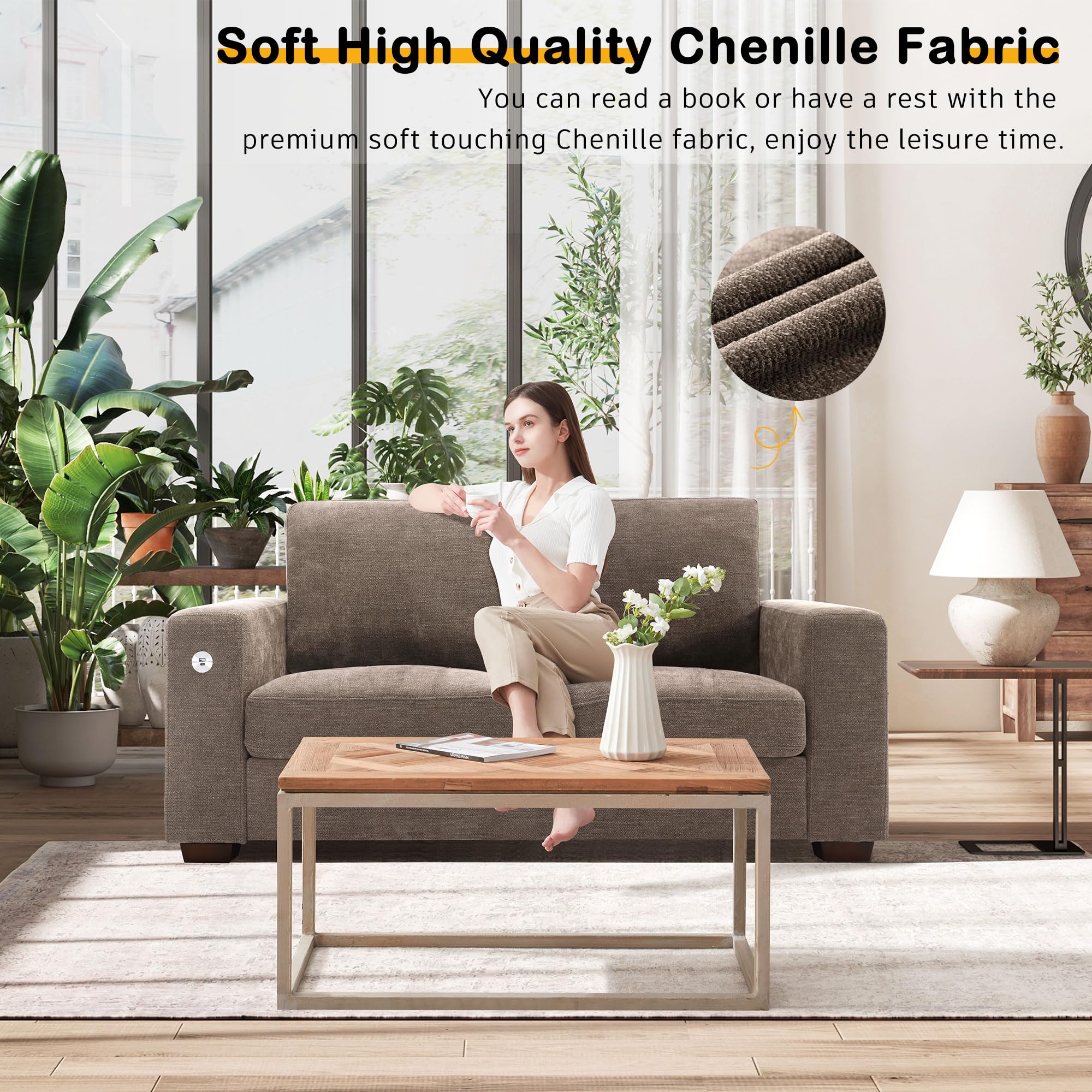 70" Loveseat Sofa – Modern Chenille Couch with USB/Type-C Ports, Removable Cover & Wide Armrest, For Small Living Spaces