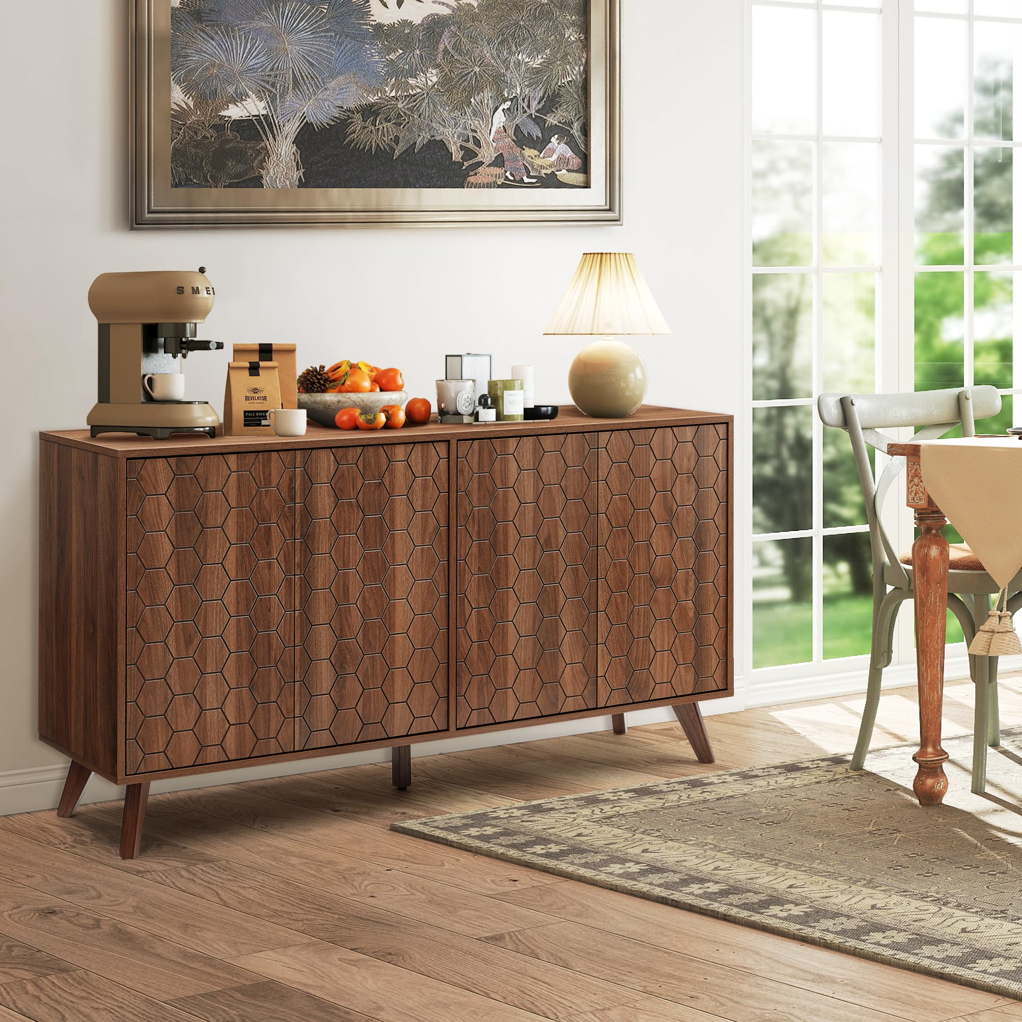 FURNIXI 58'' Large Mid-Century Sideboard Buffet Cabinet, Wooden Credenza with 4 Doors & Shelves, TV Stand Coffee Bar Console