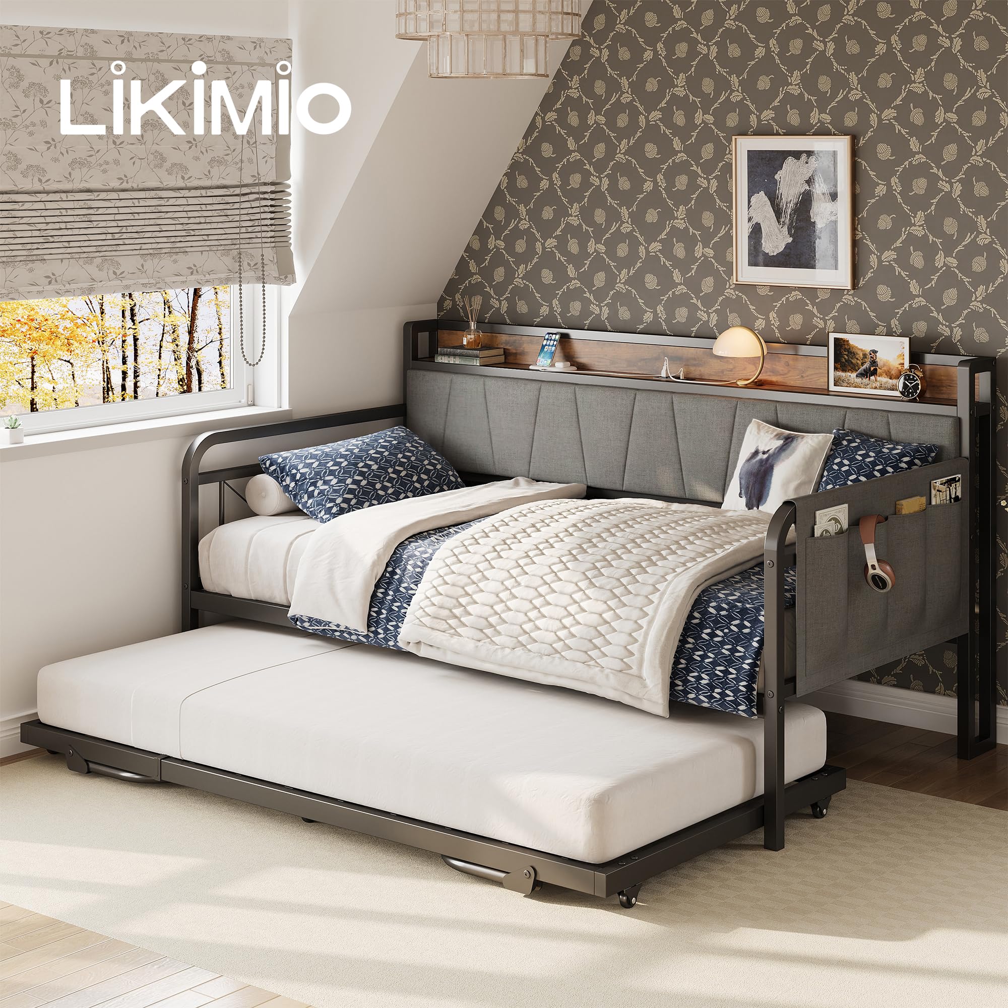 Grey Daybed with Trundle – Twin Sofa Bed with Storage Headboard & Charging Station for Bedroom or Guest Room