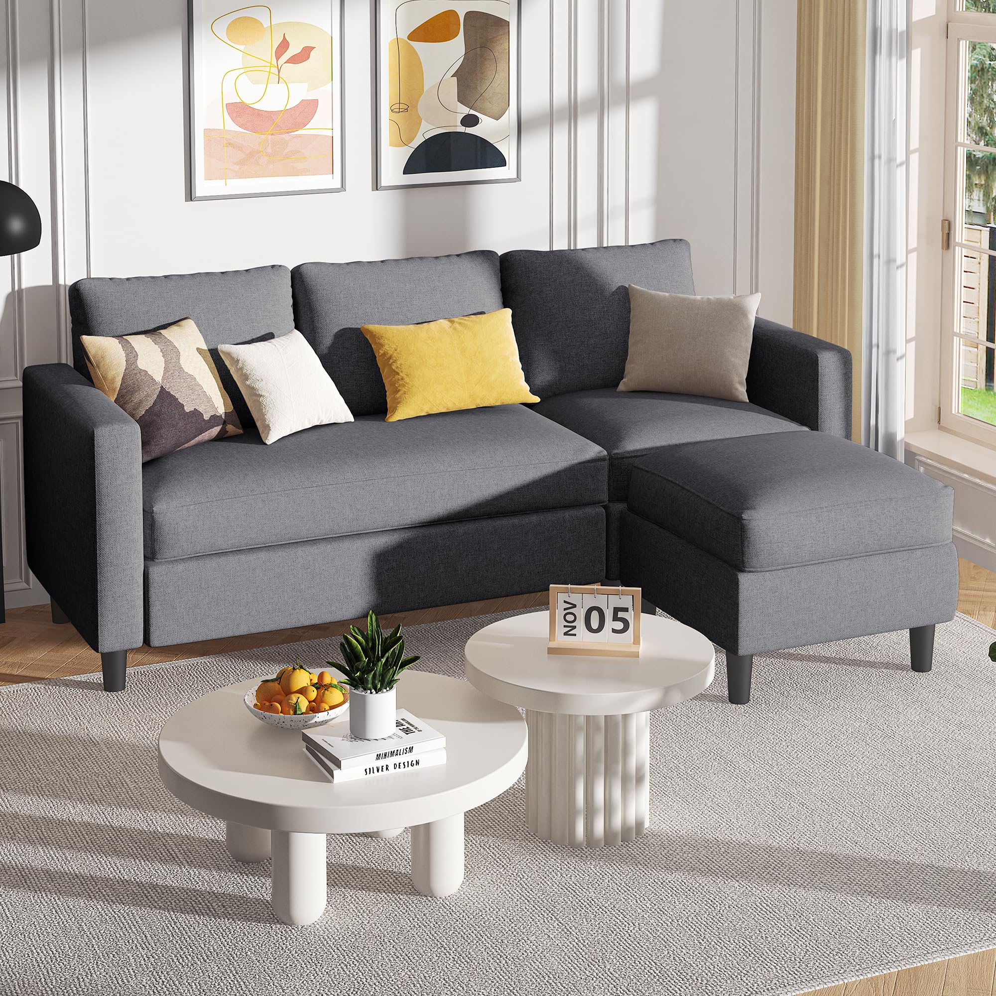 Small Dark Grey Sectional Sofa with Ottoman, Fabric Upholstered 3-Seater Convertible Couch for Apartment, Office