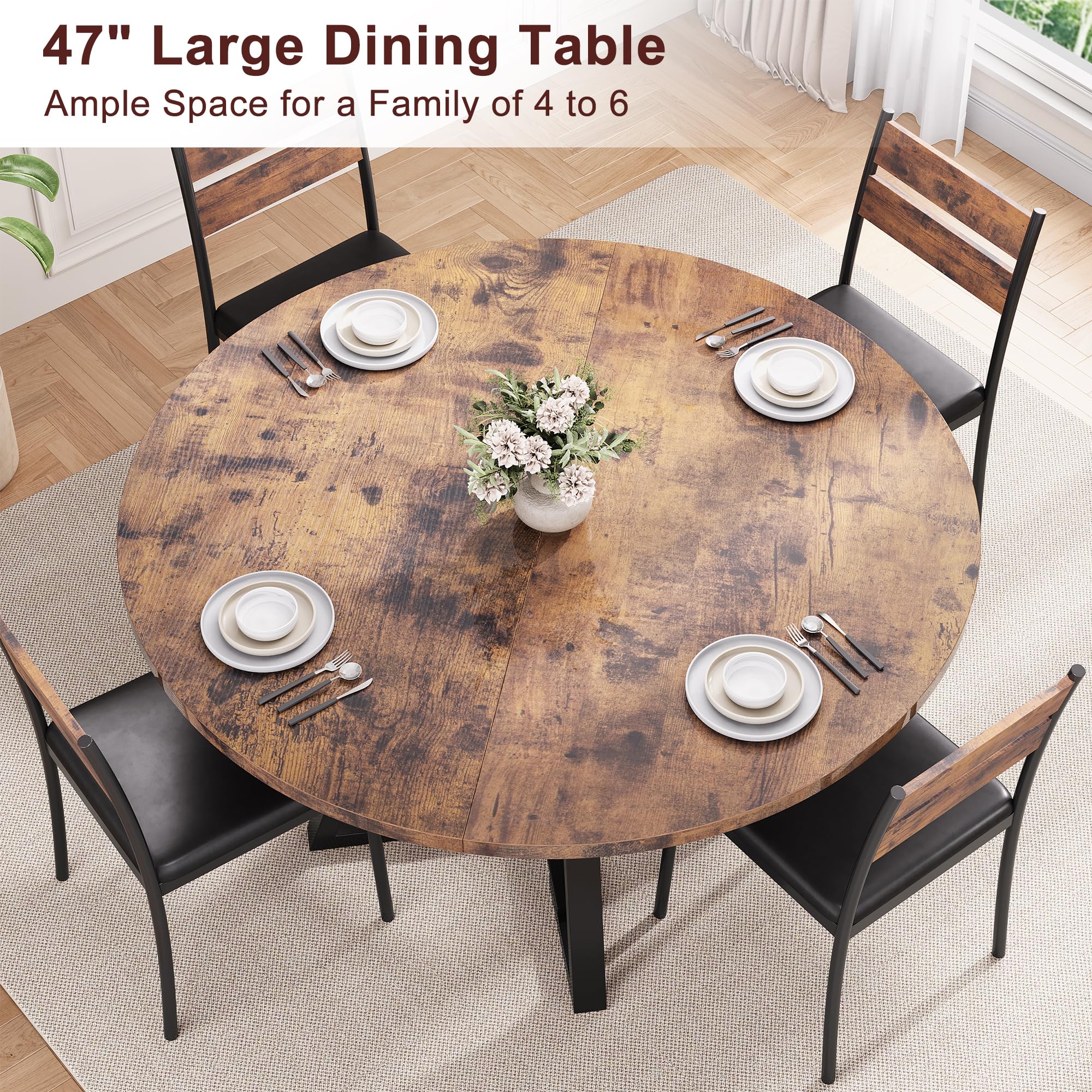 47" Round Pedestal Dining Table, Space-Saving Vintage Circle Table for Kitchen or Dining Room, Seats 4