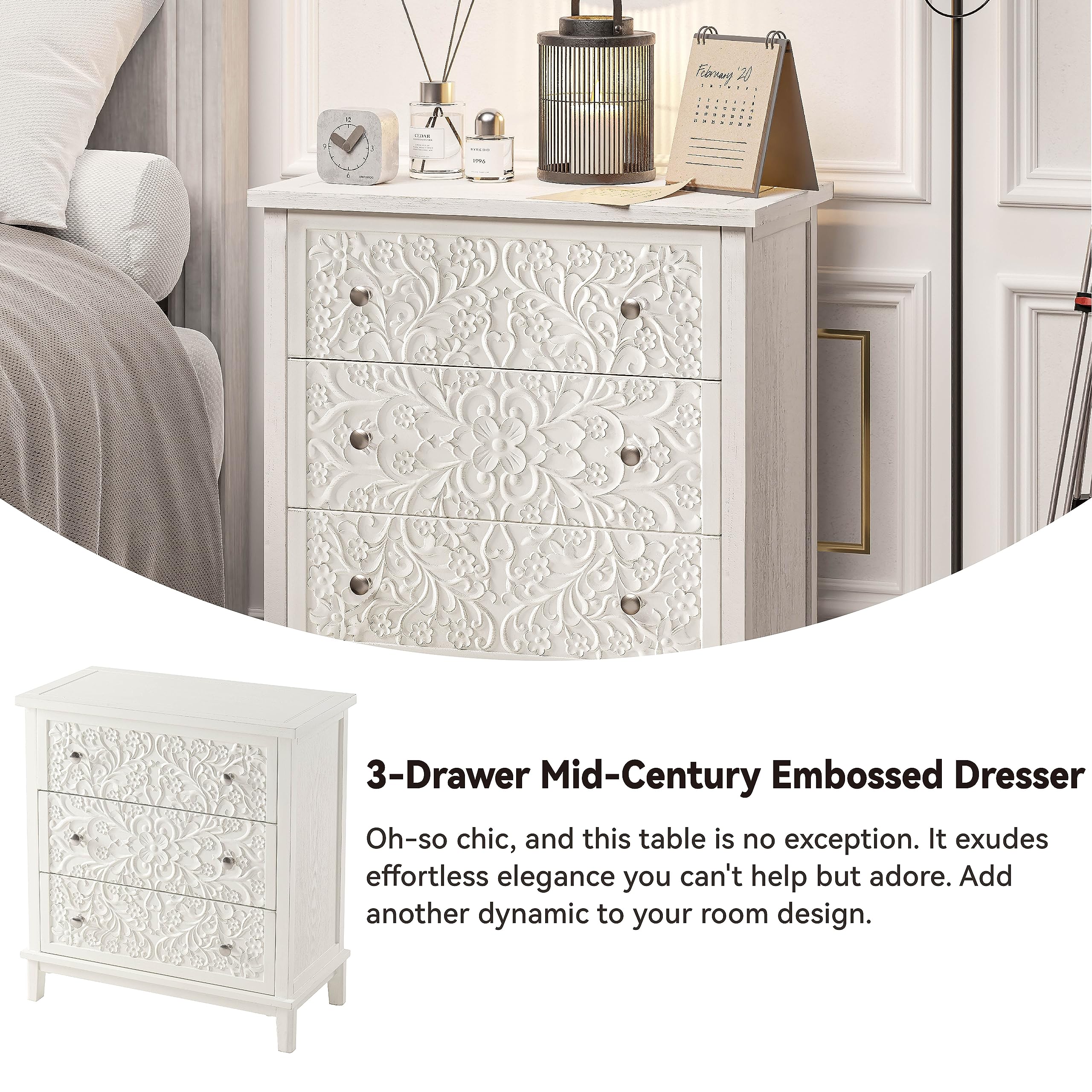 Fully-Assembled 3-Drawer White-Washed Dresser with Flower Motif, Rustic French Country Accent Chest for Bedroom, Hallway