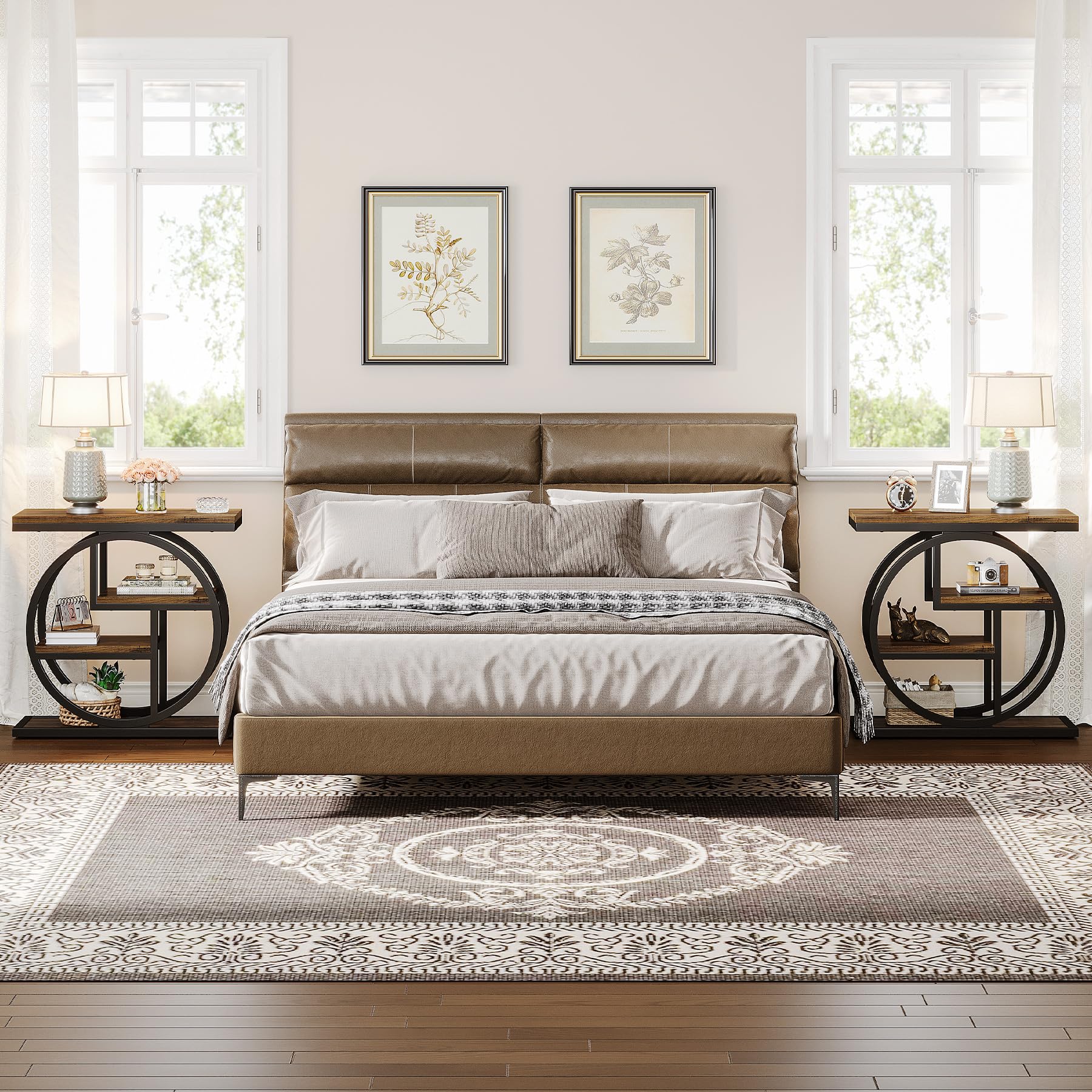 FURNIXI Rustic Brown End Table Set of 2, 4-Tier Narrow Side Tables with Storage & Geometric Metal Frame
