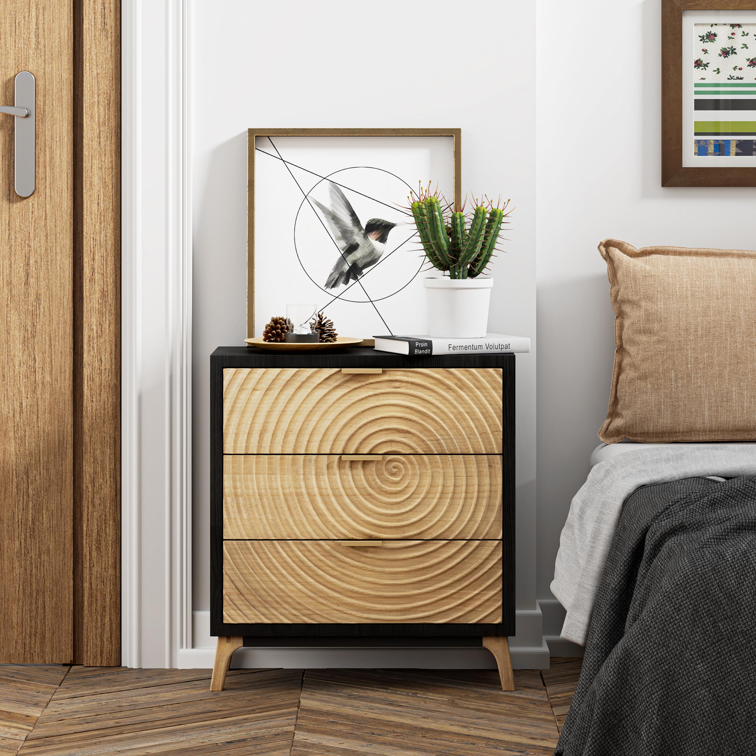 Black 3-Drawer Farmhouse Dresser, Rustic Nightstand with Handcrafted Wood Ring Motif for Bedroom, Fully-Assembled