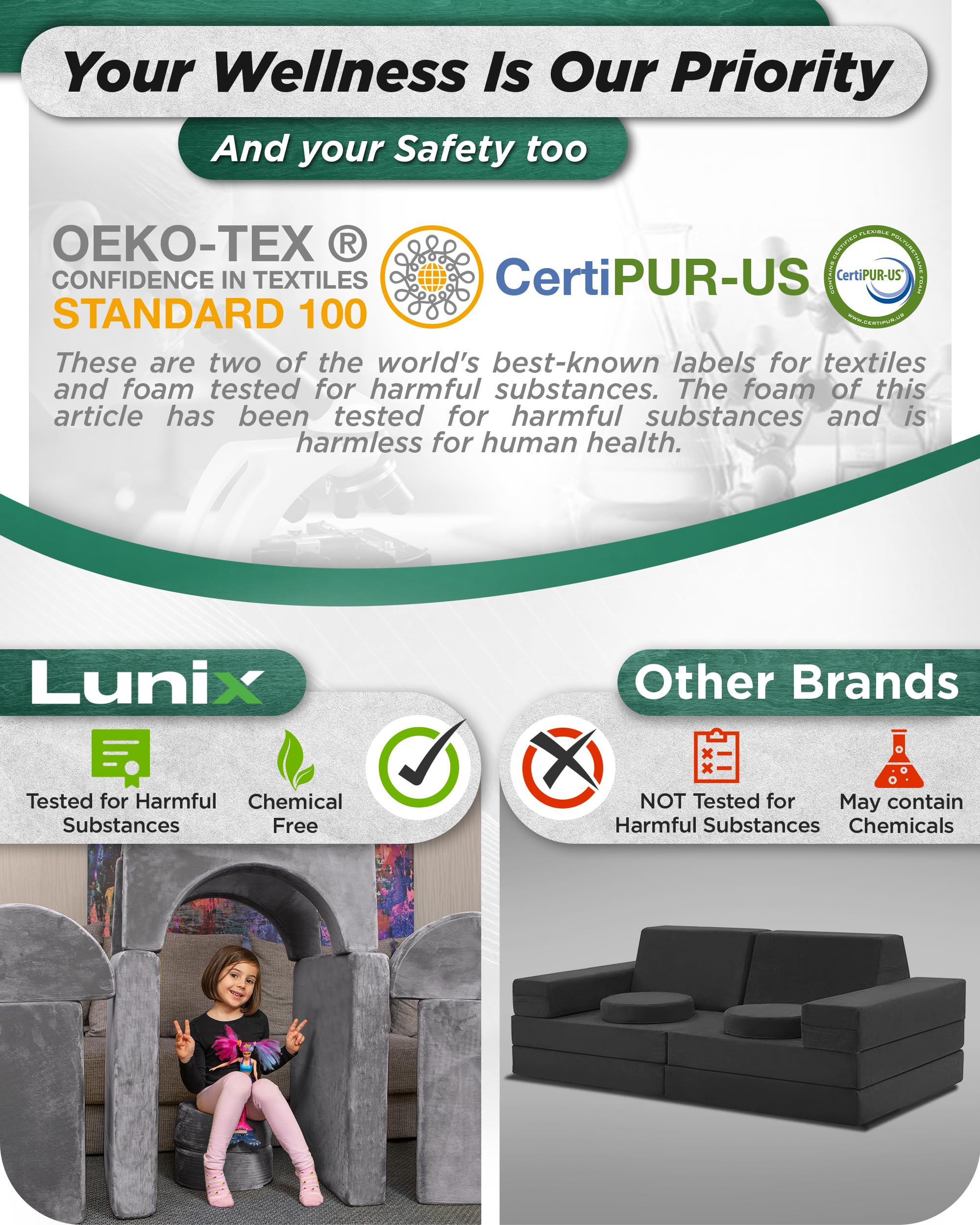 LX15 Modular 14pcs Kids Play Couch, Convertible Foam Sofa Fort for Playroom, Toddler Furniture, Steel Gray