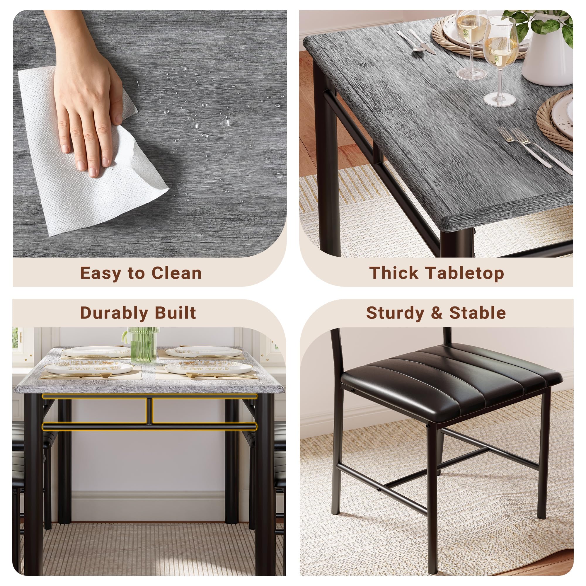 Dining Table Set for 4, Grey Upholstered Chairs with Wood Kitchen Table for Small Dining Room Spaces