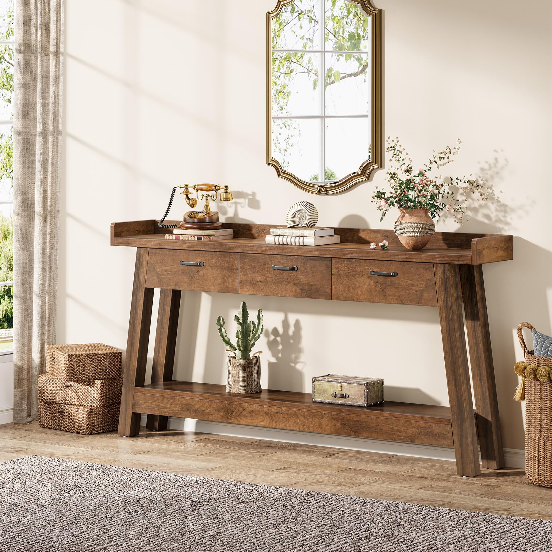 70.9" Farmhouse Console Table with 3 Drawers, 2-Tier Entryway Sofa Table with Raised Baffle & Storage, Rustic Brown