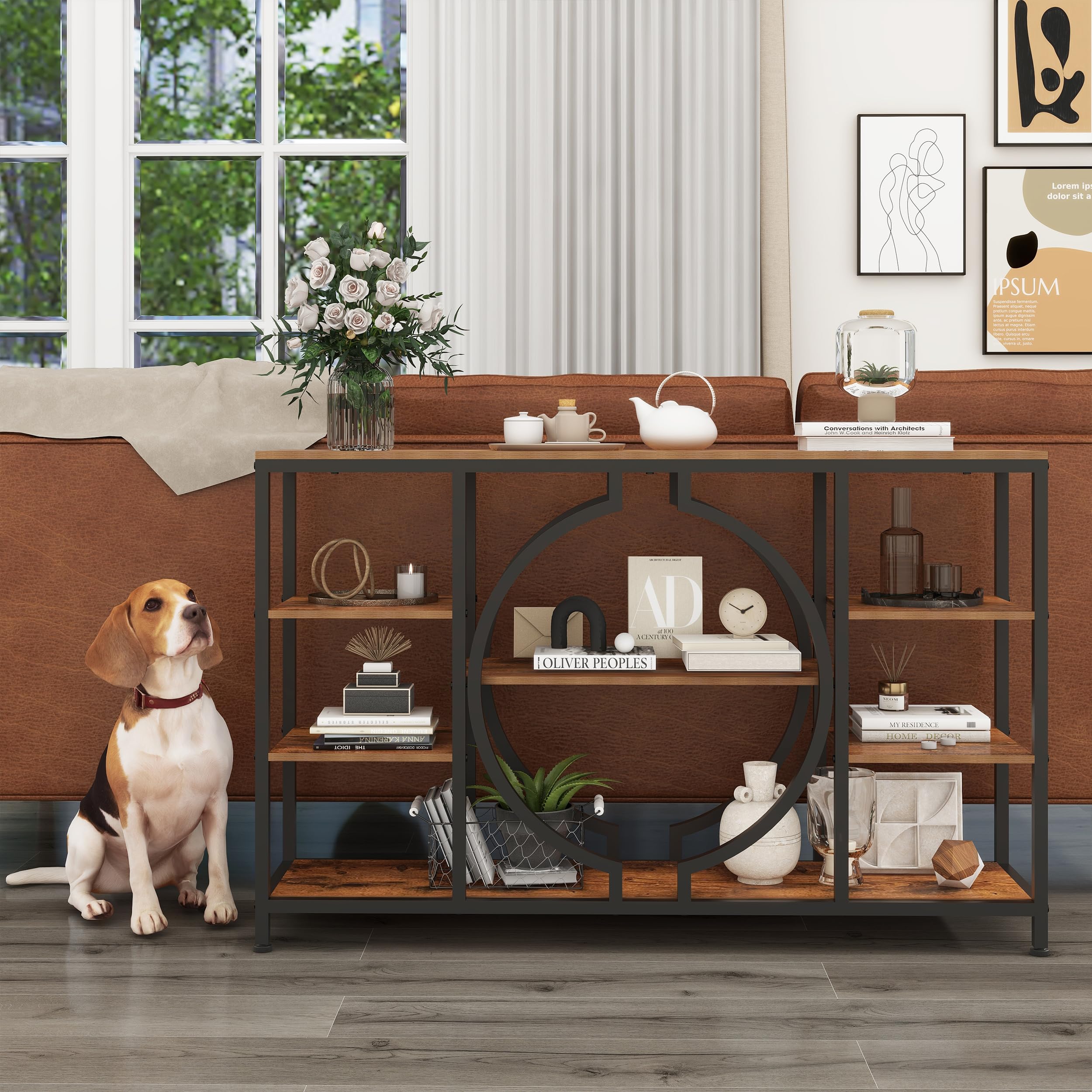 47" Industrial Console Table, Rustic Sofa Table with 4-Tier Wooden Shelves for Entryway, Hallway, Living Room