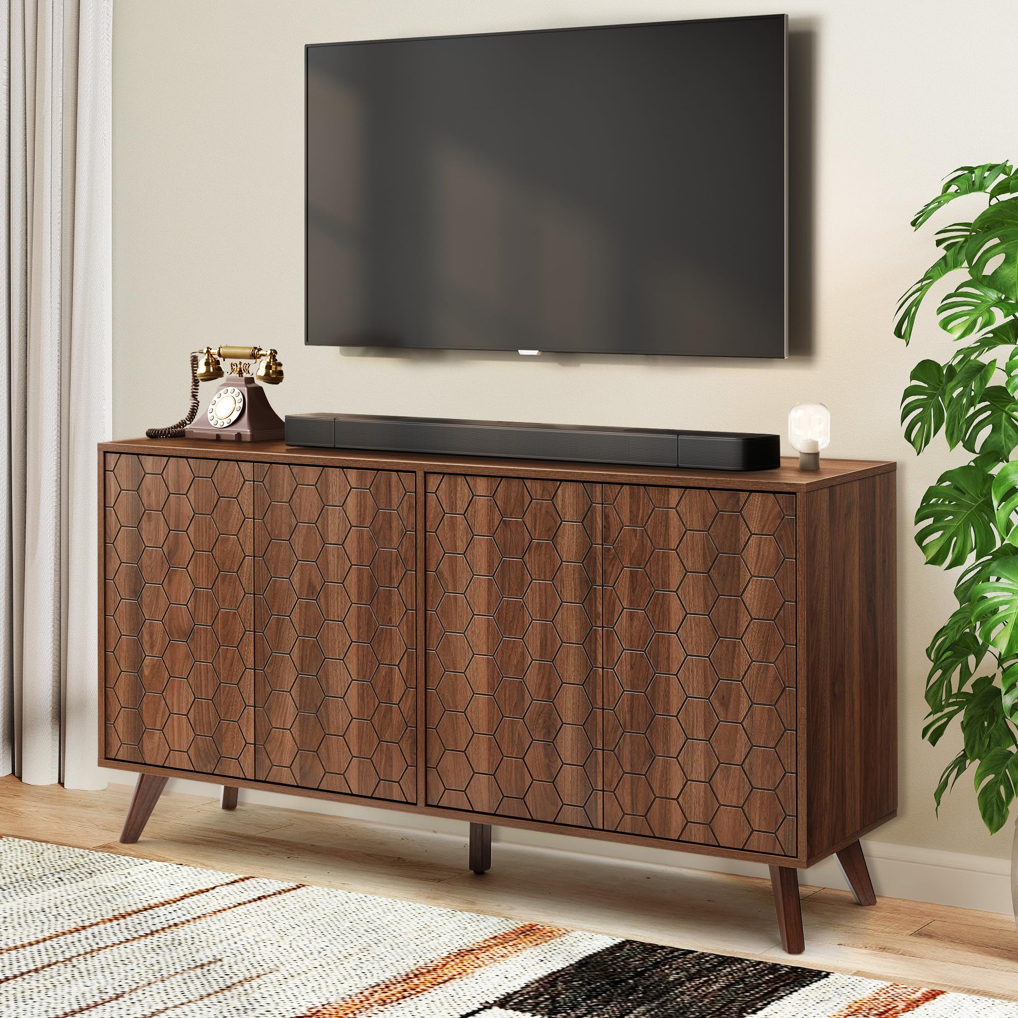 FURNIXI 58'' Large Mid-Century Sideboard Buffet Cabinet, Wooden Credenza with 4 Doors & Shelves, TV Stand Coffee Bar Console