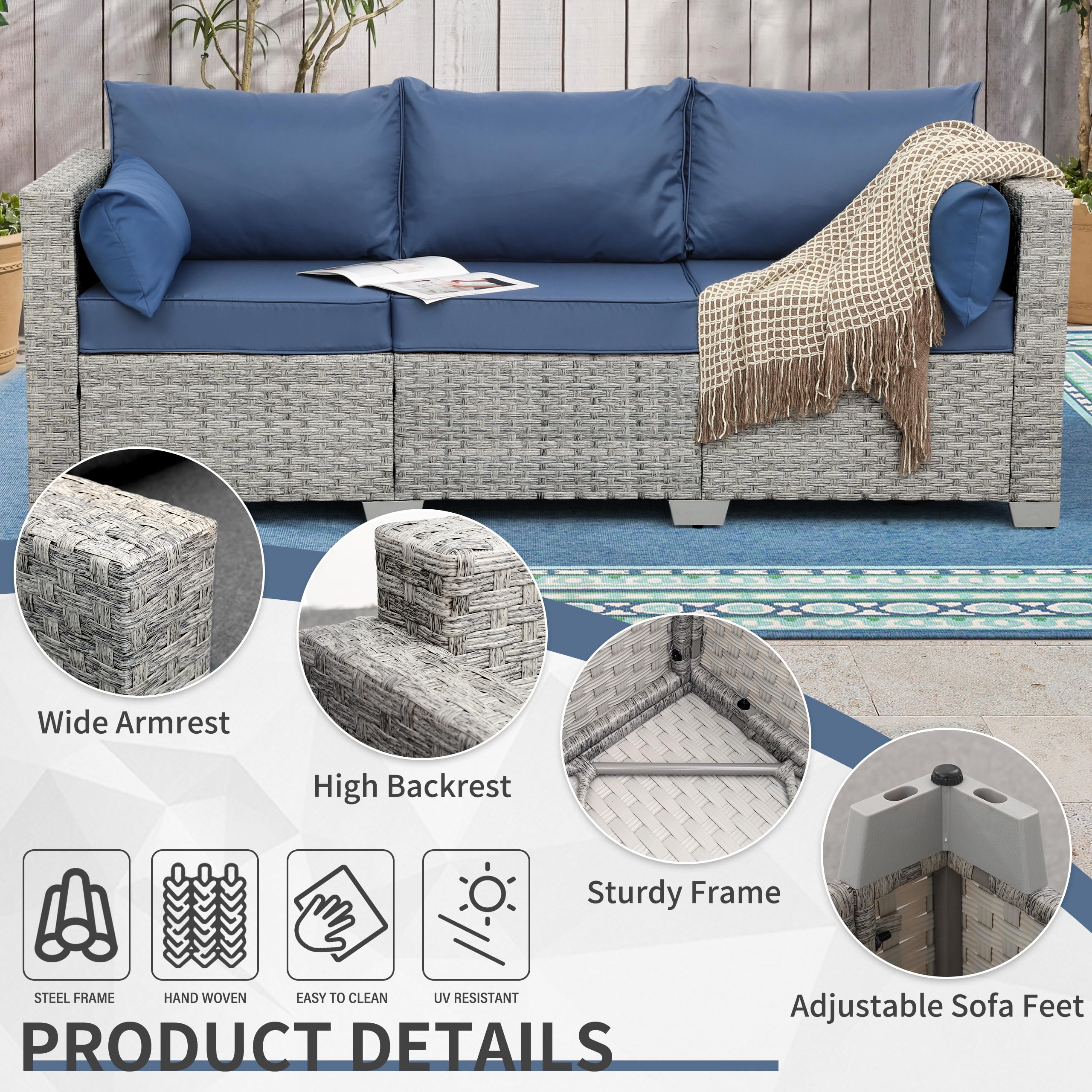 Outdoor 3-Seater Wicker Patio Sofa, Grey Rattan Couch with Deep Seat and Navy Blue Cushions for Porch