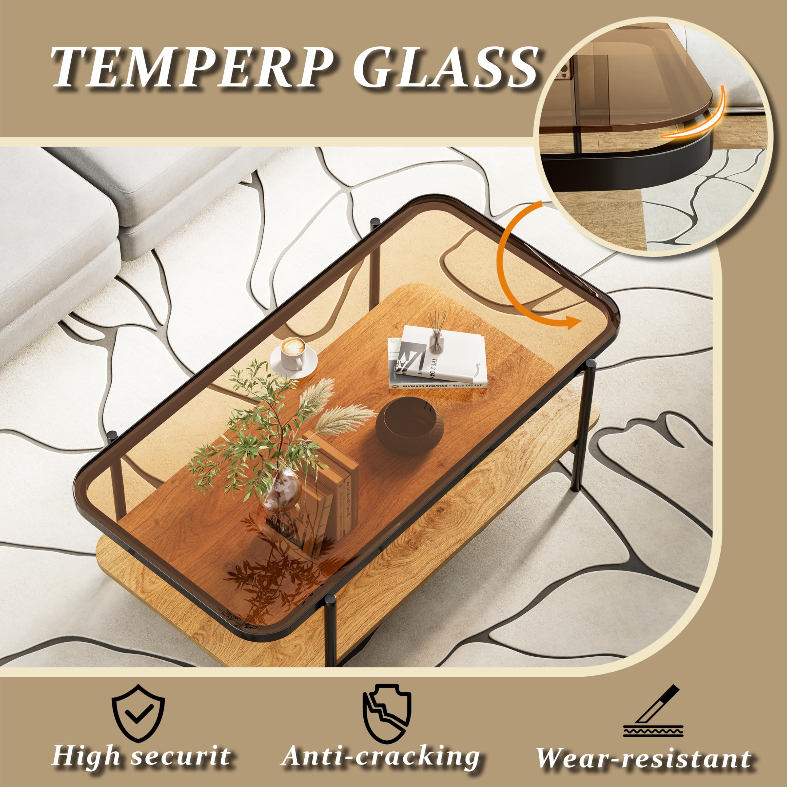 Brown Glass Coffee Table, Modern 2-Tier Table with Metal Legs, Open Storage & Rounded Corners, Rectangular Living Room Table