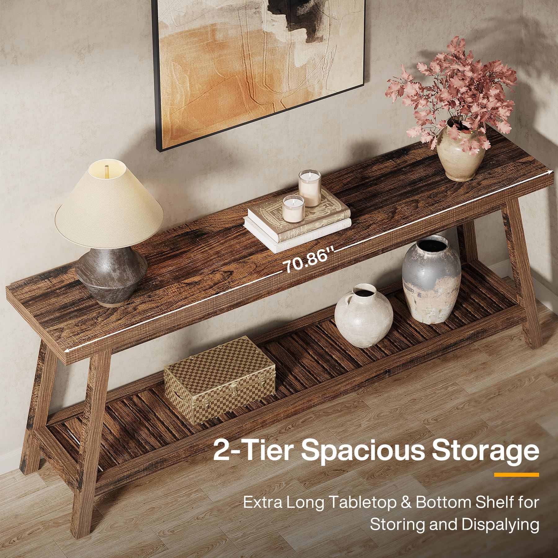 70.86" Farmhouse Console Table, 2-Tier Extra Long Entryway Sofa Table Behind Couch for Hallway, Rustic Brown