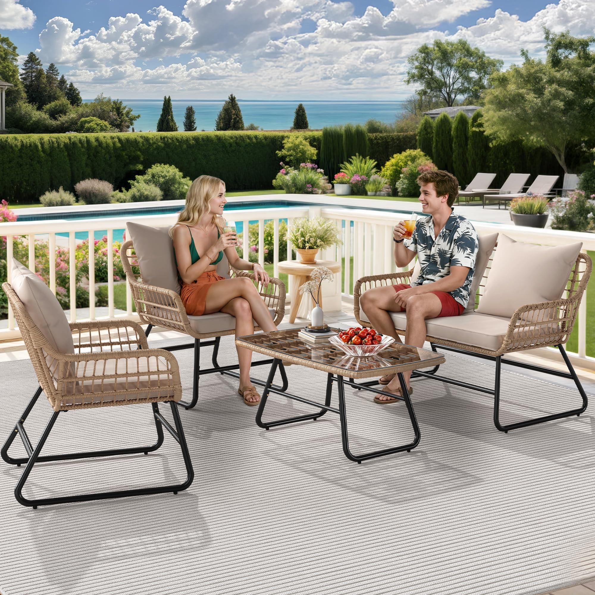 4-Piece Rattan Patio Set – Beige Outdoor Furniture with Soft Cushions & Side Table for Balcony or Backyard
