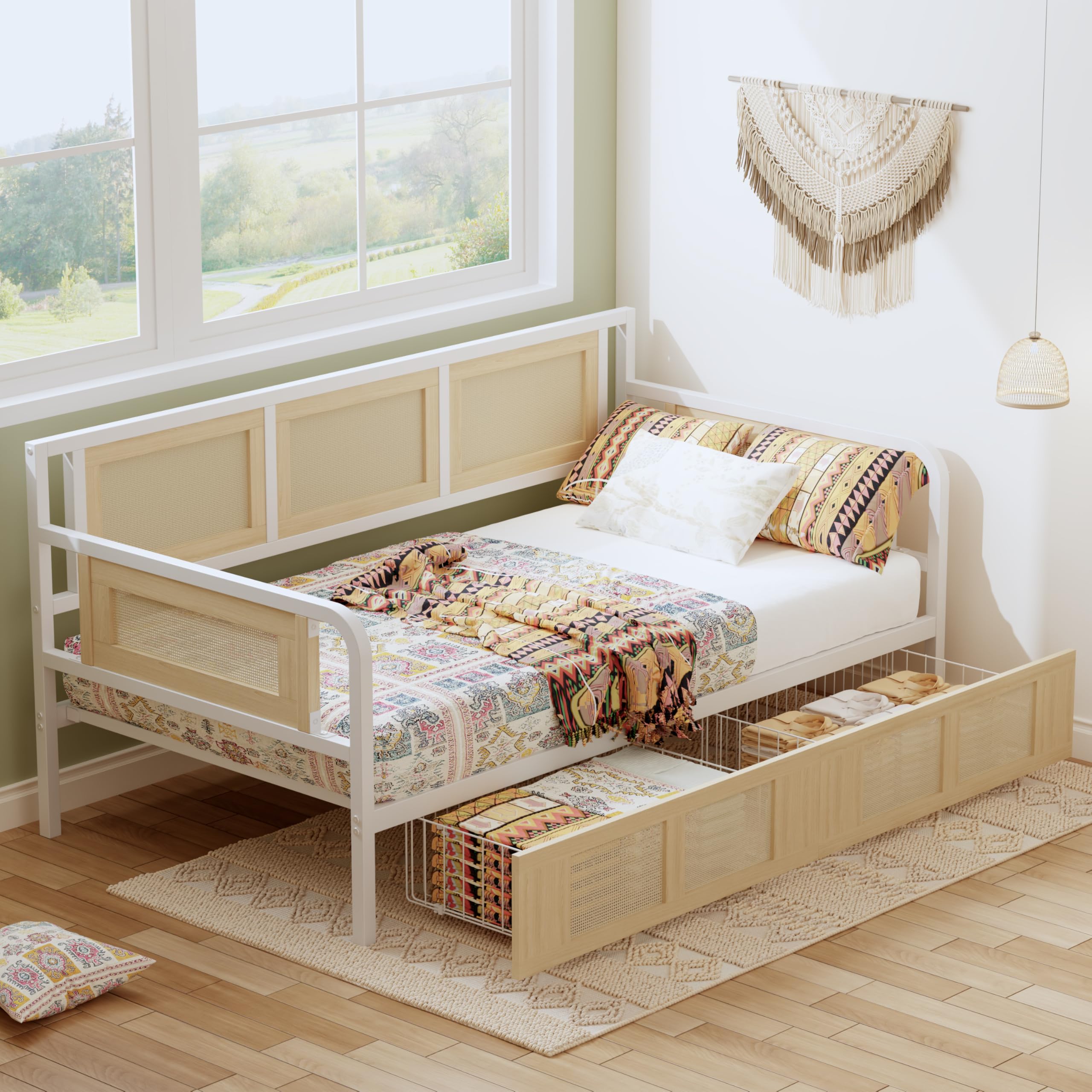 Twin Rattan Daybed – Stylish Corner Day Bed Frame with Storage Drawers for Living Room, Bedroom or Guest Room