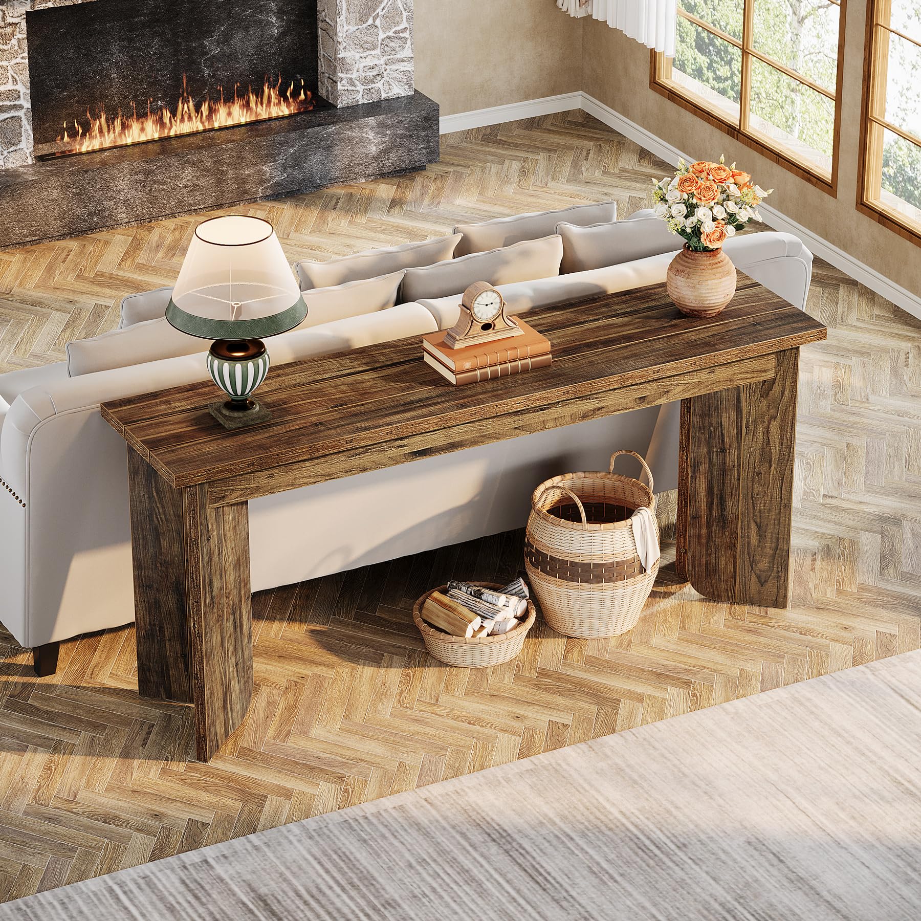 70.9" Extra Long Farmhouse Console Table, Wooden Sofa Table with Wide Top & Sturdy Pedestal for Living Room, Brown