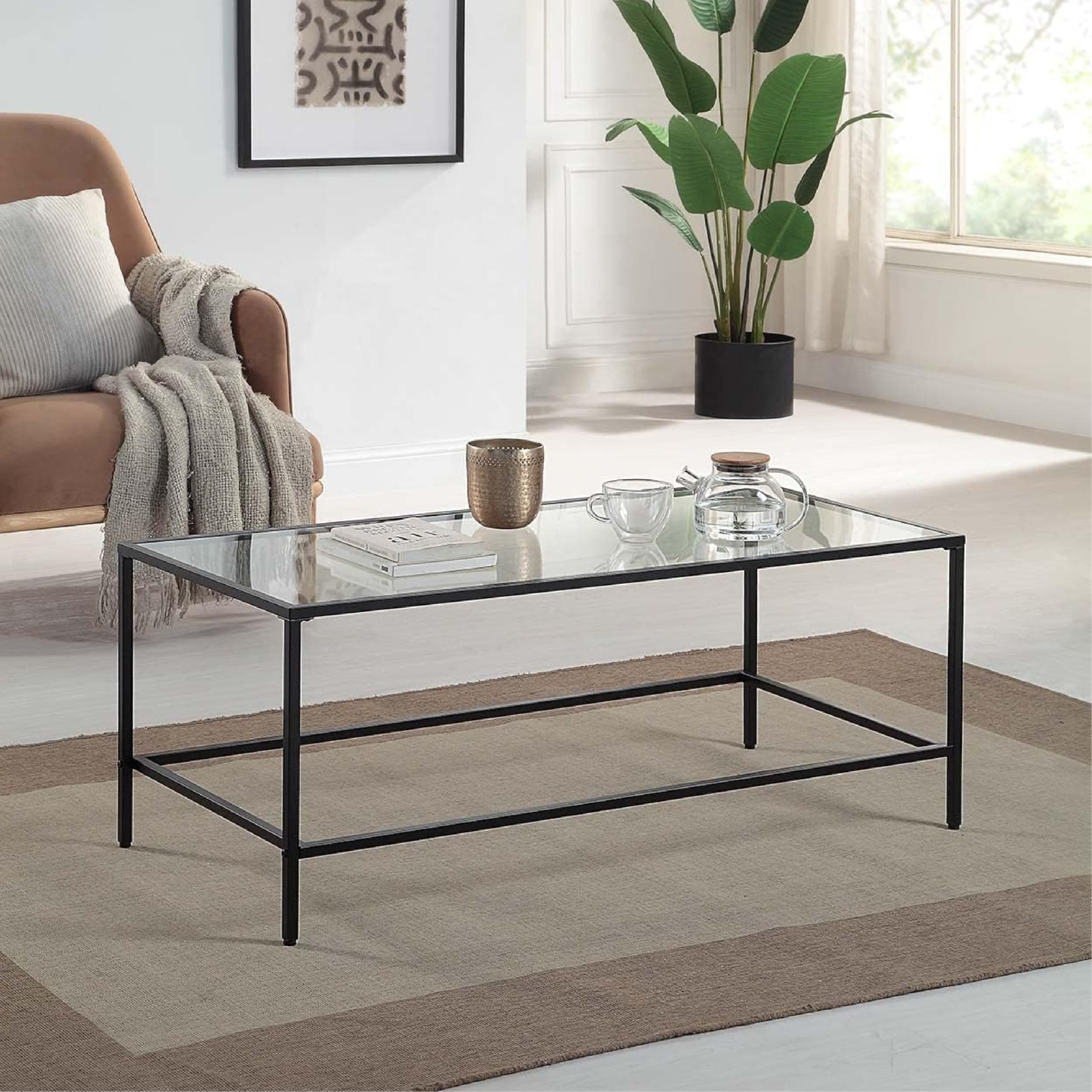 Black Coffee Table with Tempered Glass, Wide Rectangle Minimalist Center Table for Living Room, Office, Outdoor