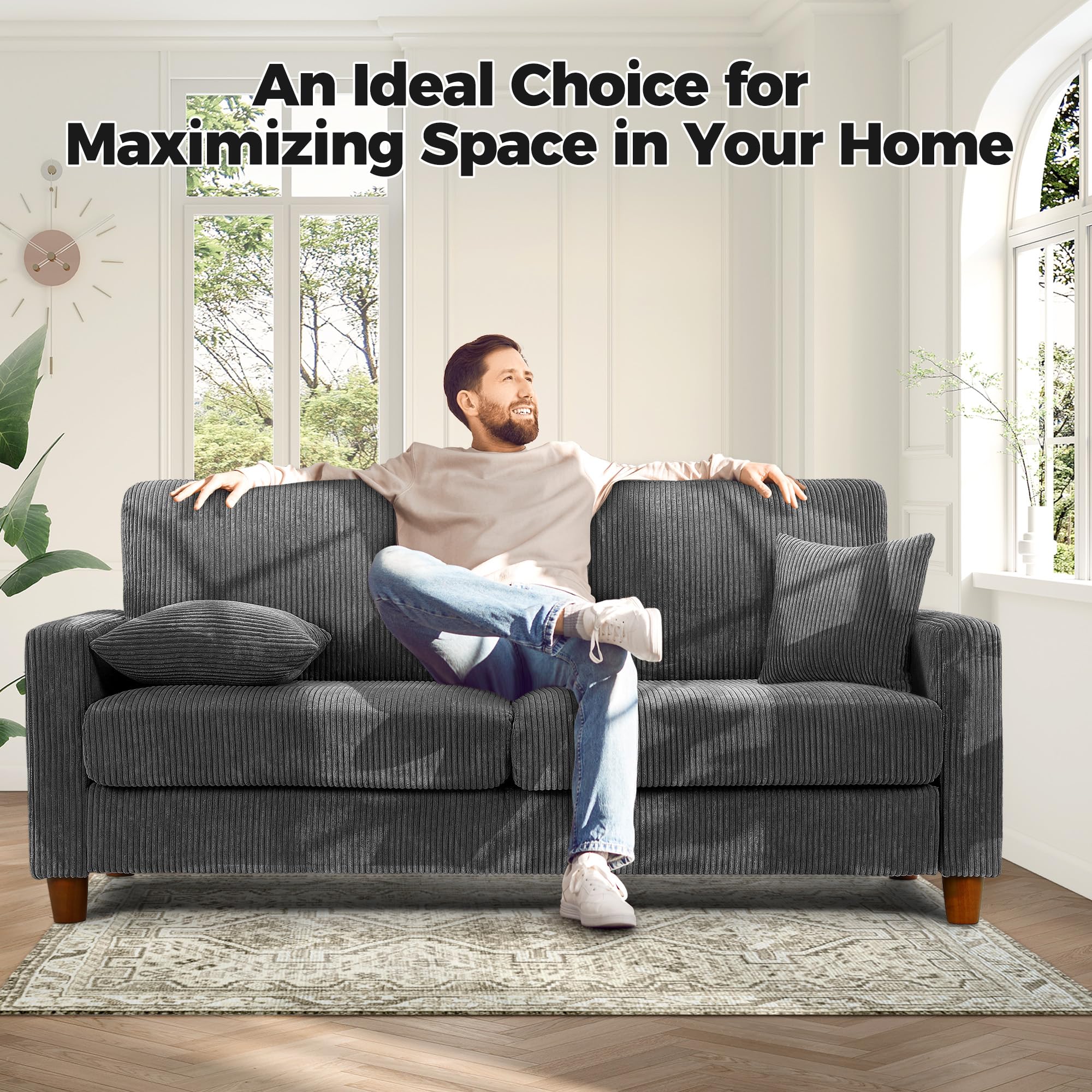 70in Grey Sofa with 21in Deep Seats, Tool-Free Comfy Corduroy Loveseat with Pillows for Bedroom, Living Room, Apartment
