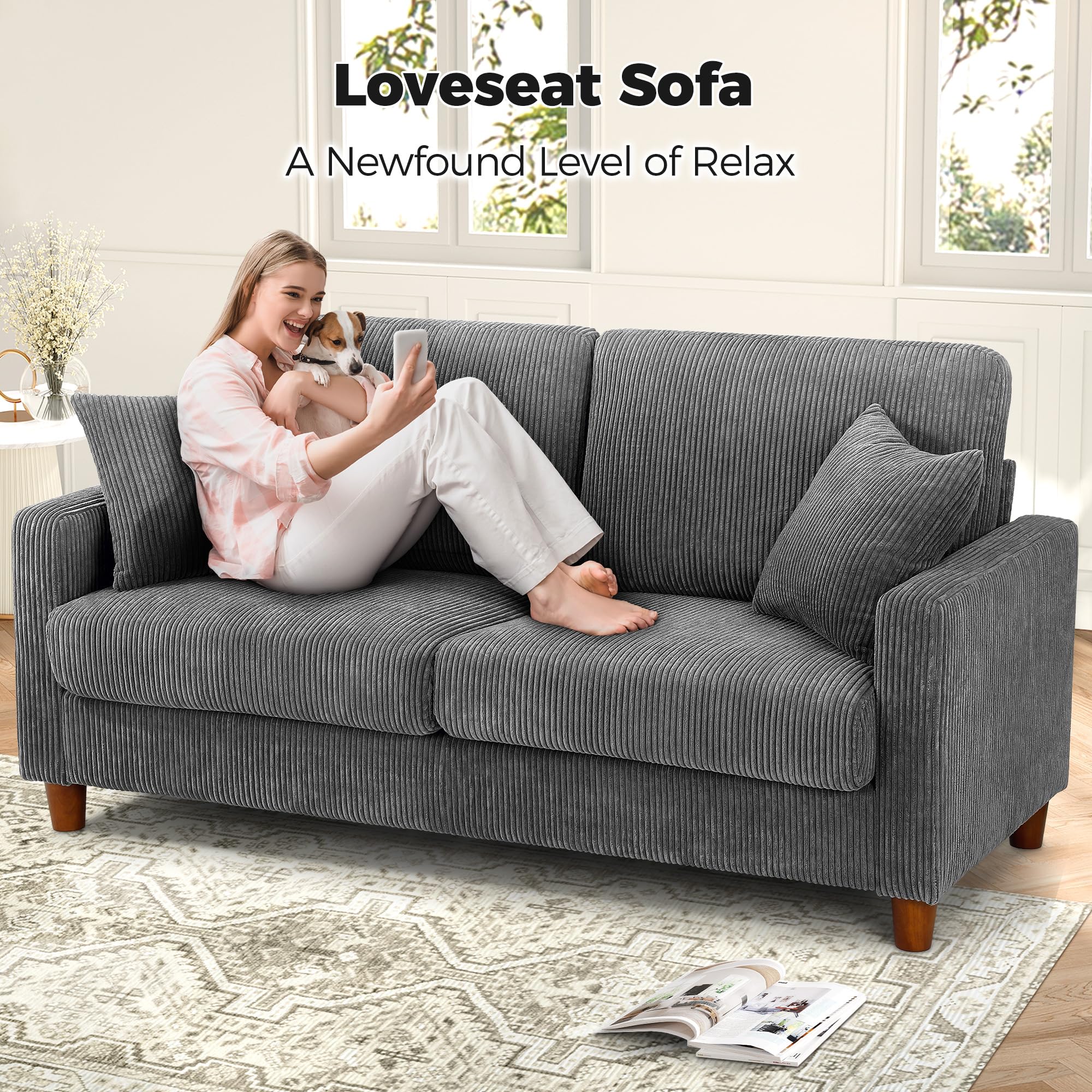70in Grey Sofa with 21in Deep Seats, Tool-Free Comfy Corduroy Loveseat with Pillows for Bedroom, Living Room, Apartment
