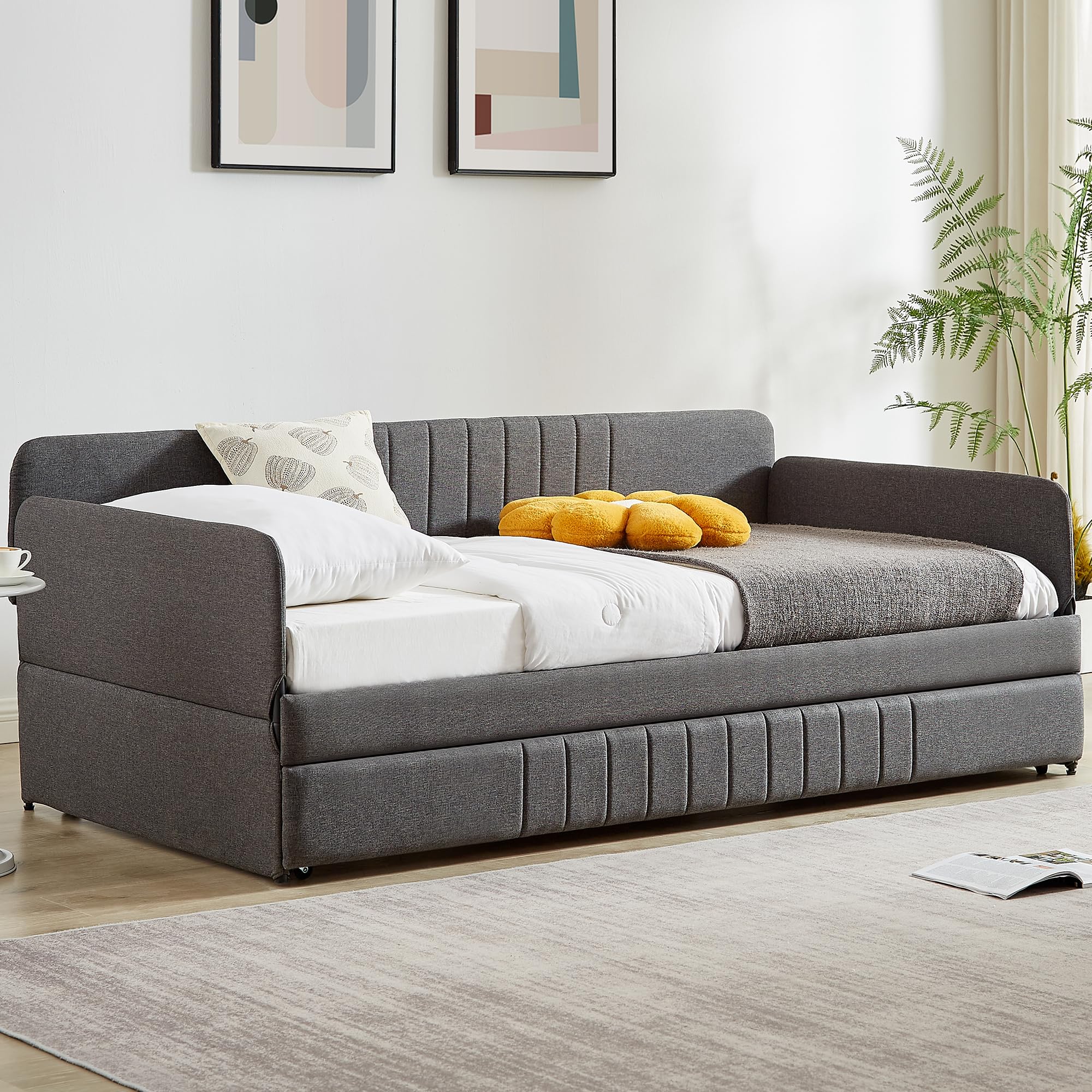 Twin Daybed with Trundle – Grey Linen Upholstered Frame with Armrest, Twin Size Day Bed with No Box Spring Needed
