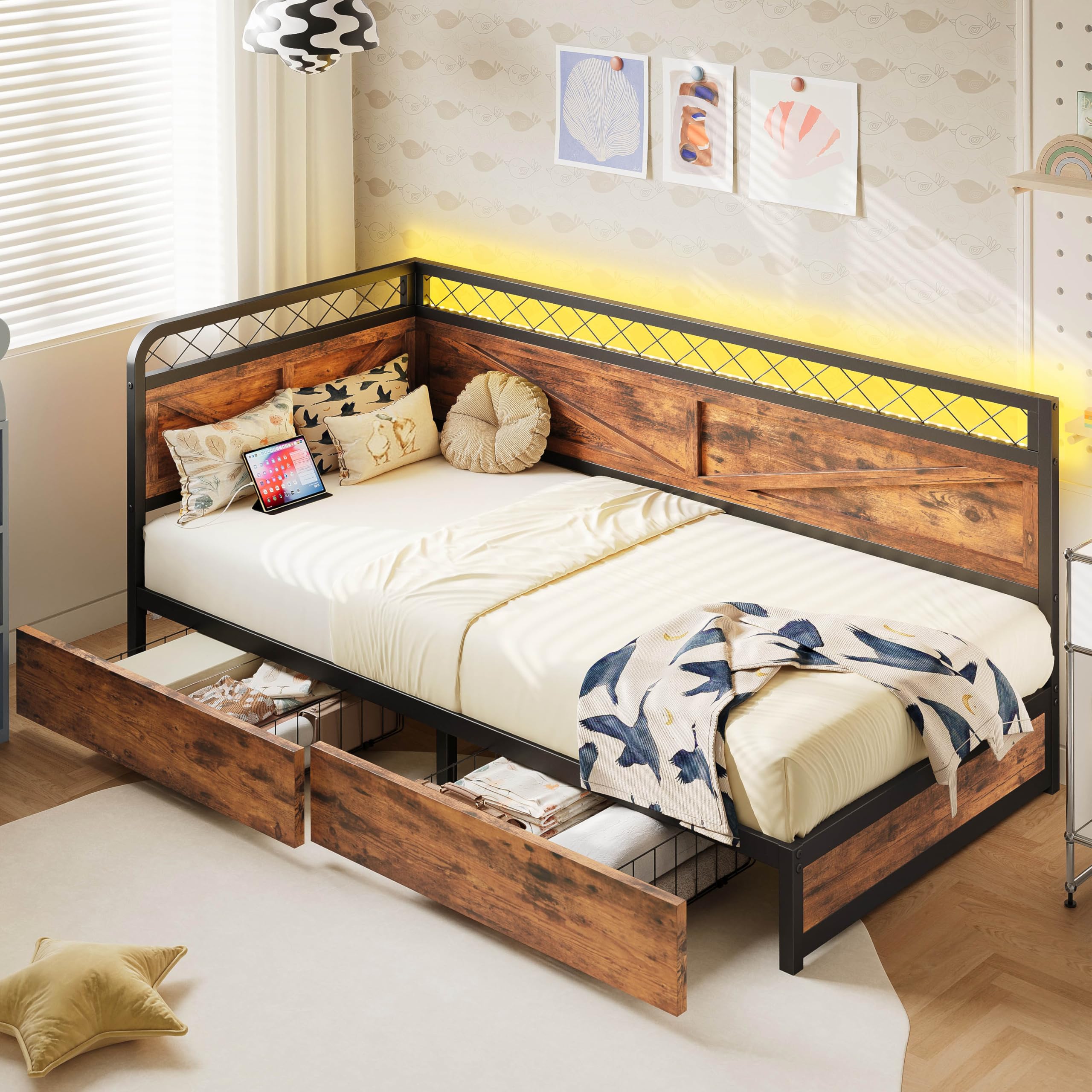 Industrial Brown Twin Daybed – Corner Bed with Storage Drawers, LED Lights & Charging Station for Guest Room