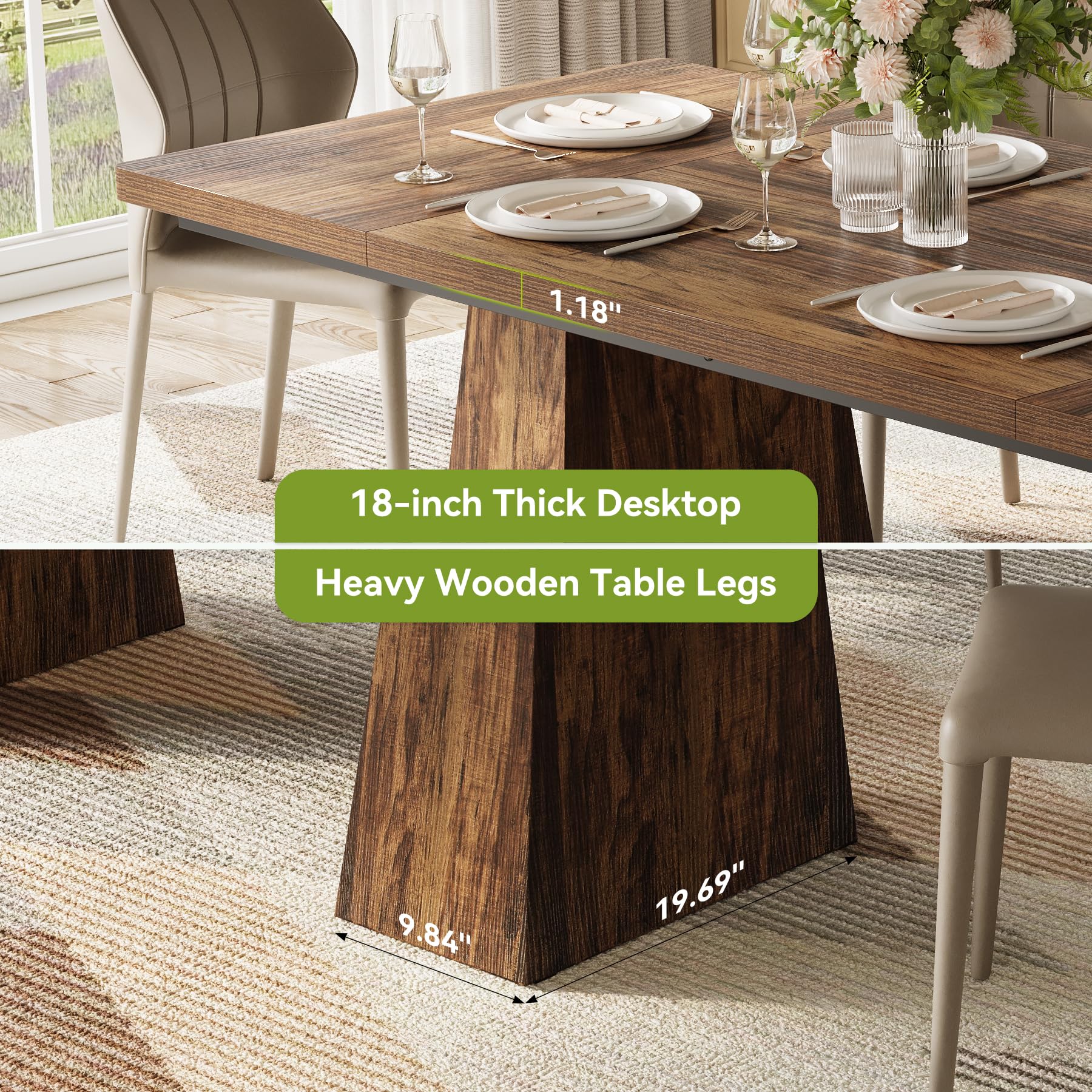 TREE 6-Person Dining Table, Rectangle Wooden Table with Heavy-Duty Legs for Kitchen or Dining Room, Brown