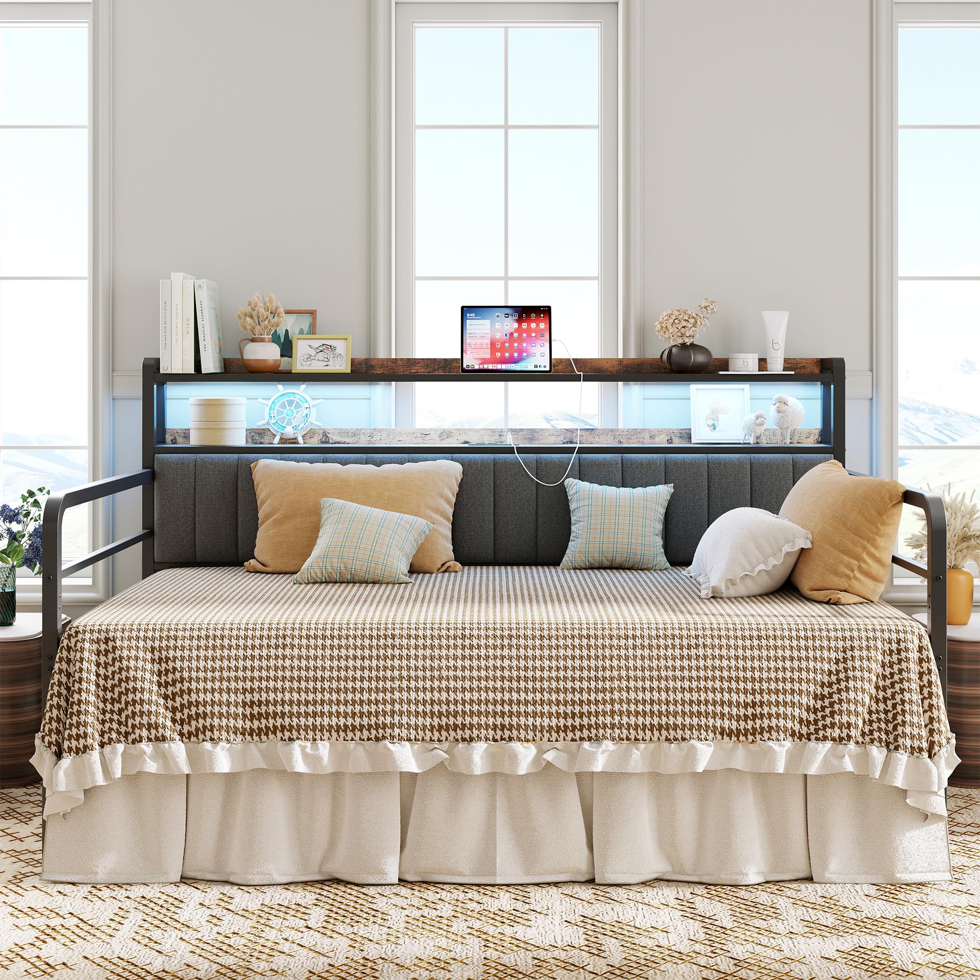 Twin Daybed with Trundle – Upholstered Frame with LED Lights, Charging Station & Storage Shelves, Black Metal