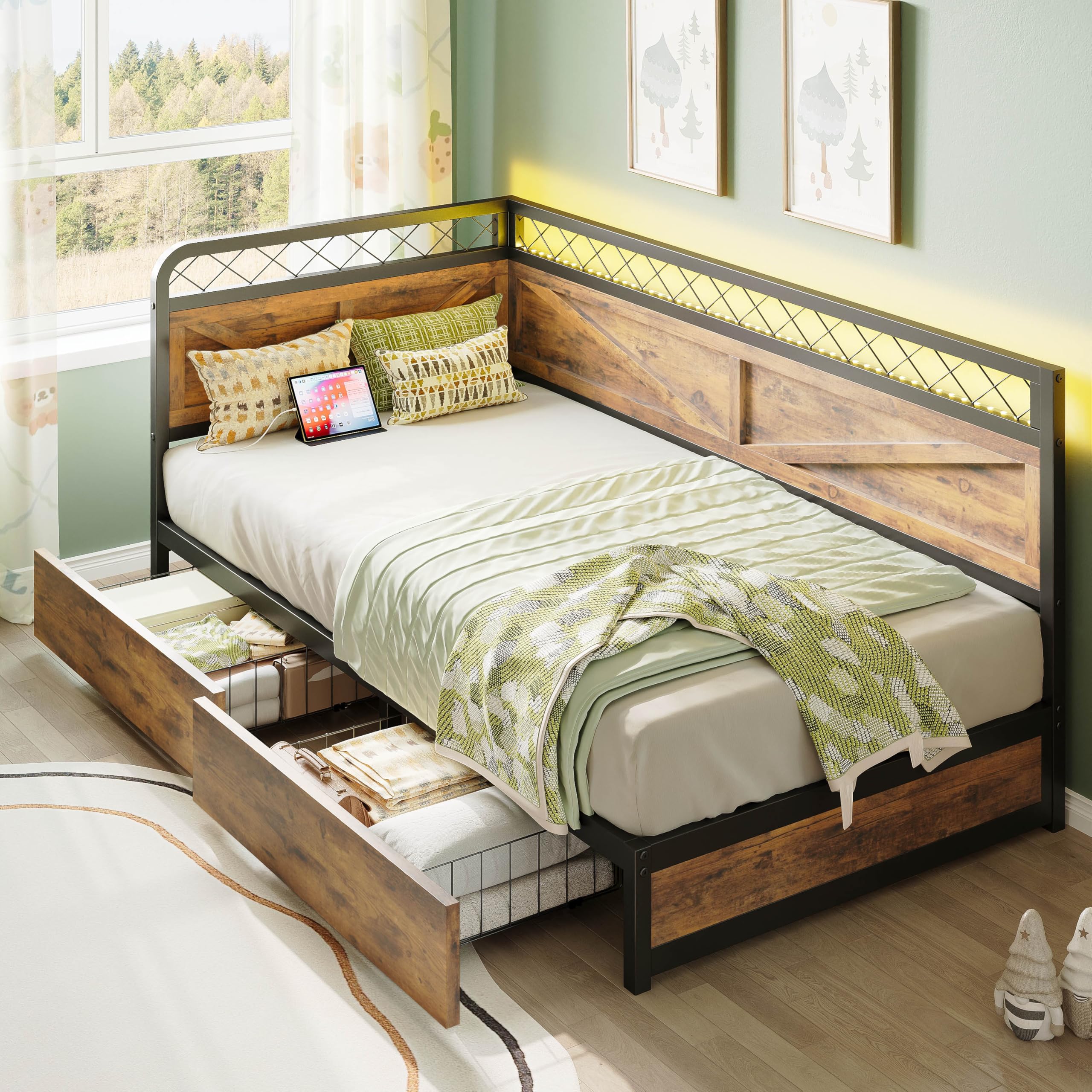 Industrial Brown Twin Daybed – Corner Bed with Storage Drawers, LED Lights & Charging Station for Guest Room