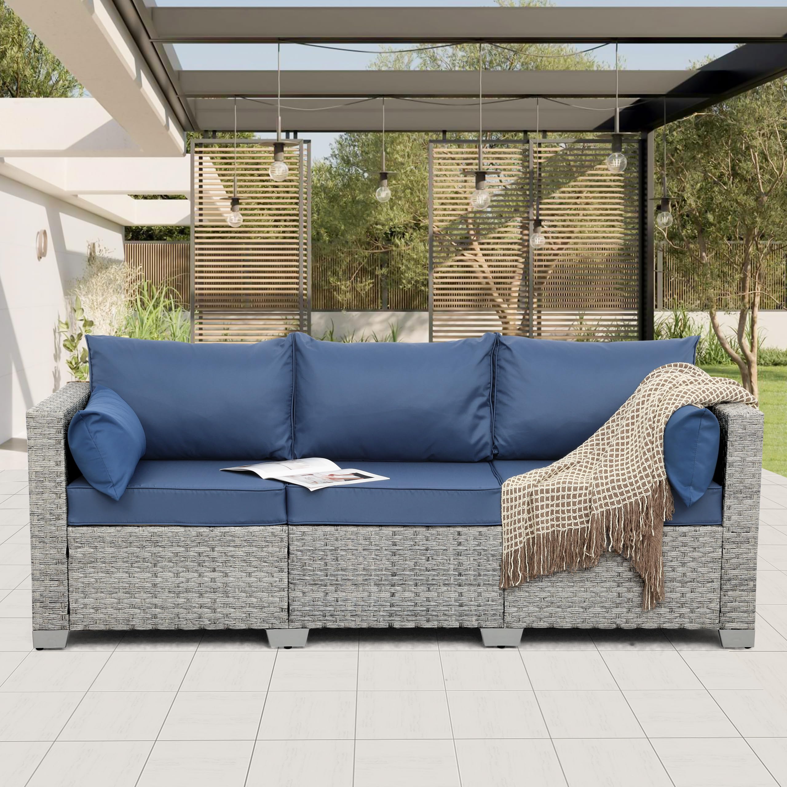 Outdoor 3-Seater Wicker Patio Sofa, Grey Rattan Couch with Deep Seat and Navy Blue Cushions for Porch