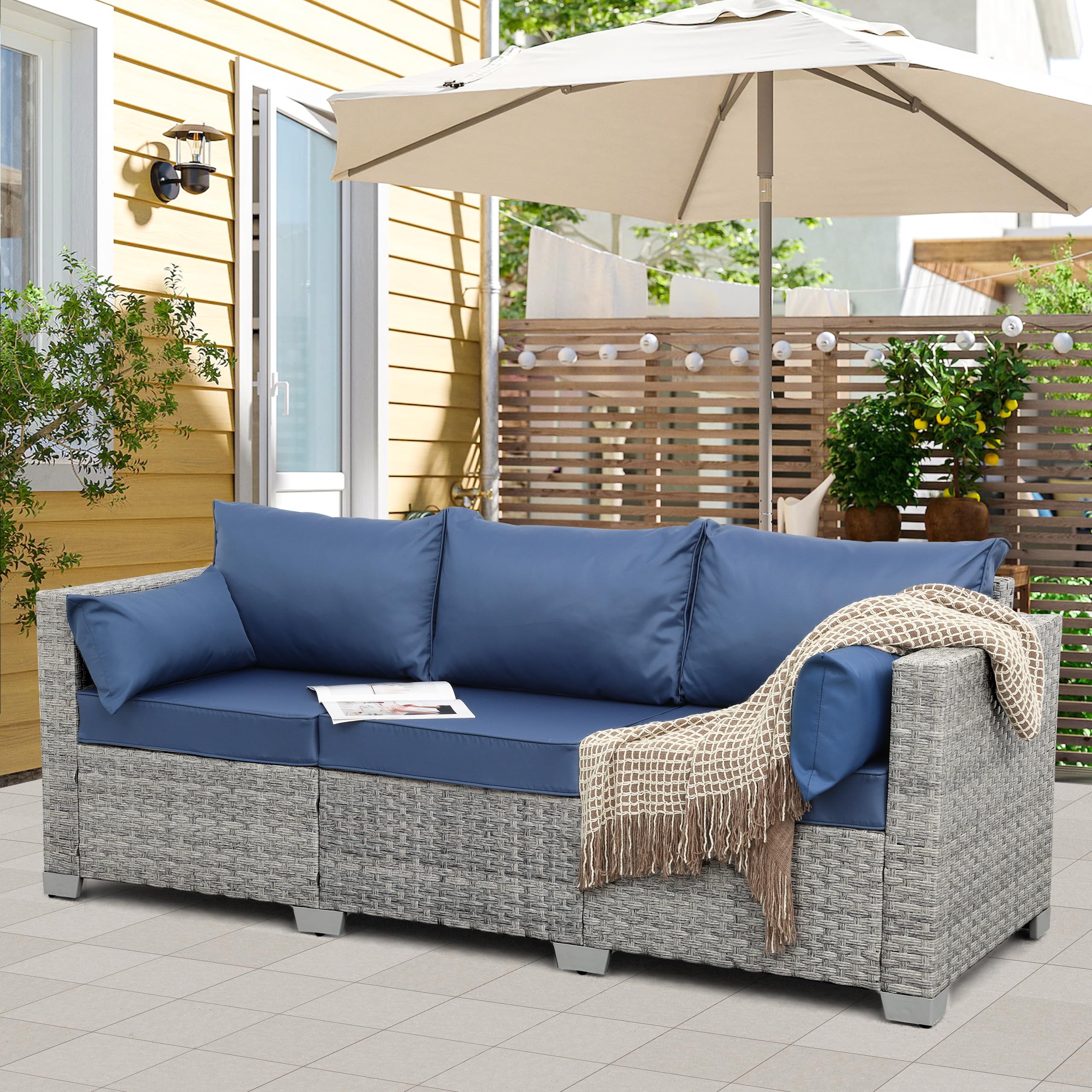 Outdoor 3-Seater Wicker Patio Sofa, Grey Rattan Couch with Deep Seat and Navy Blue Cushions for Porch