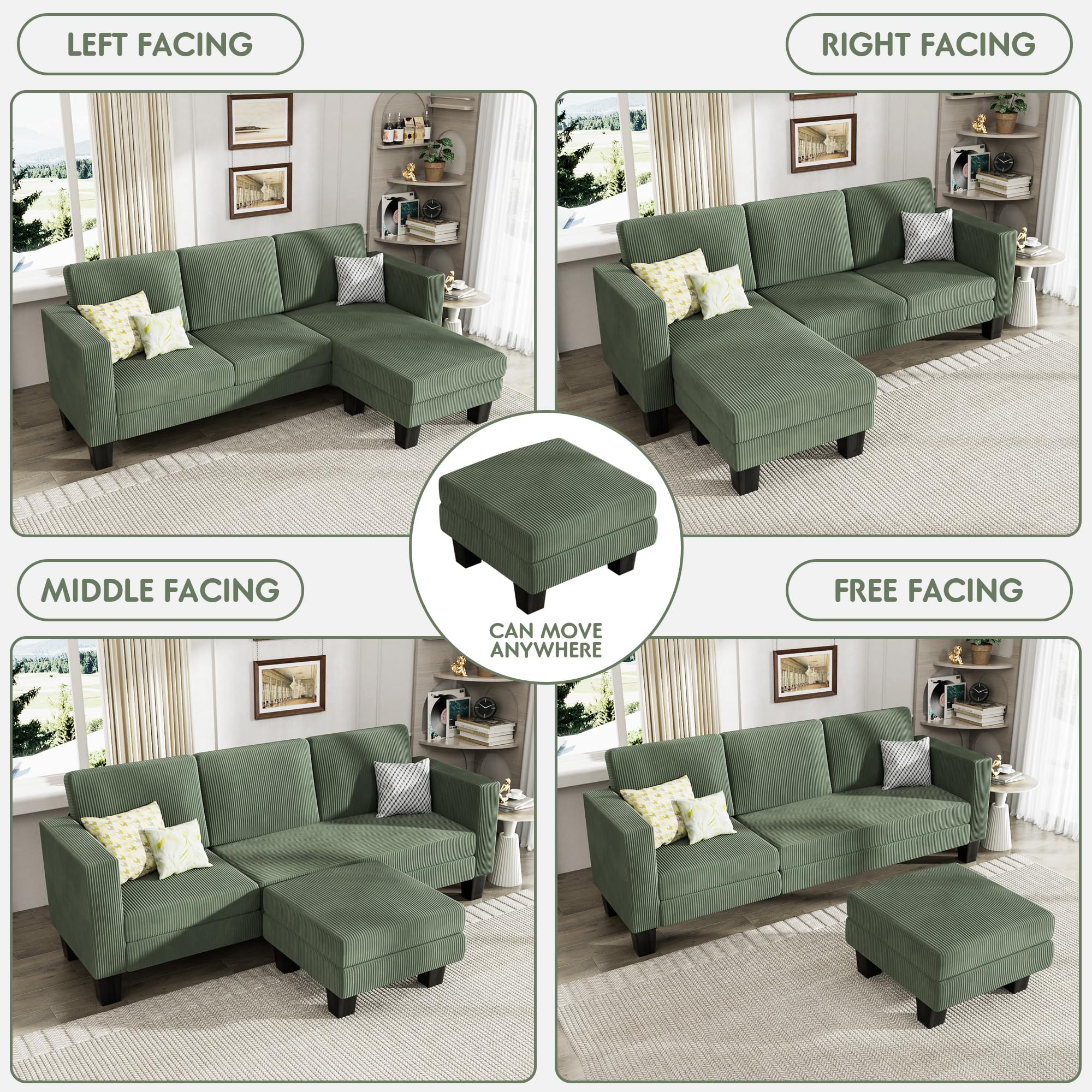 70" Green L-Shaped Convertible Sectional Sofa with Corduroy Fabric & Mobile Footrest for Living Room, Office, Apartment
