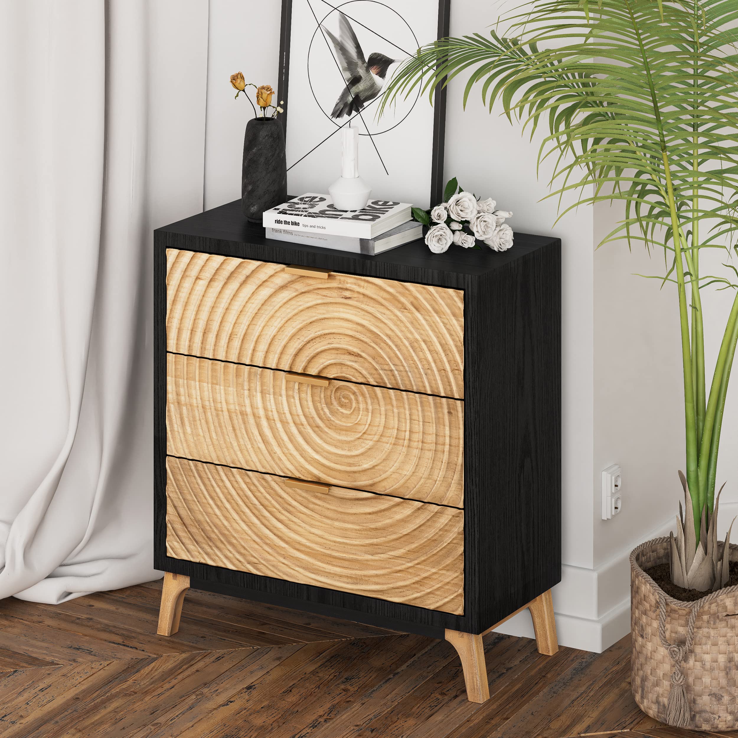 Black 3-Drawer Farmhouse Dresser, Rustic Nightstand with Handcrafted Wood Ring Motif for Bedroom, Fully-Assembled