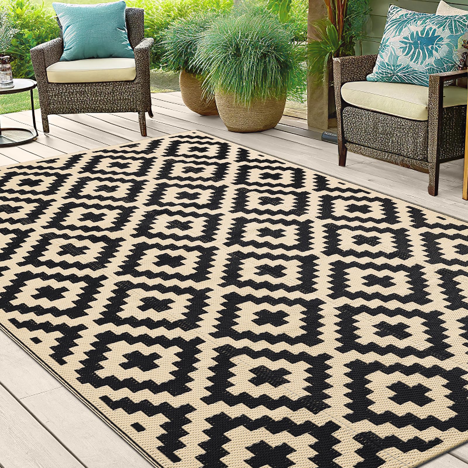 5x8 ft Reversible Outdoor Rug – Waterproof Plastic Straw Mat for Patio, Camping, RV, Deck, Entryway, Black & Beige