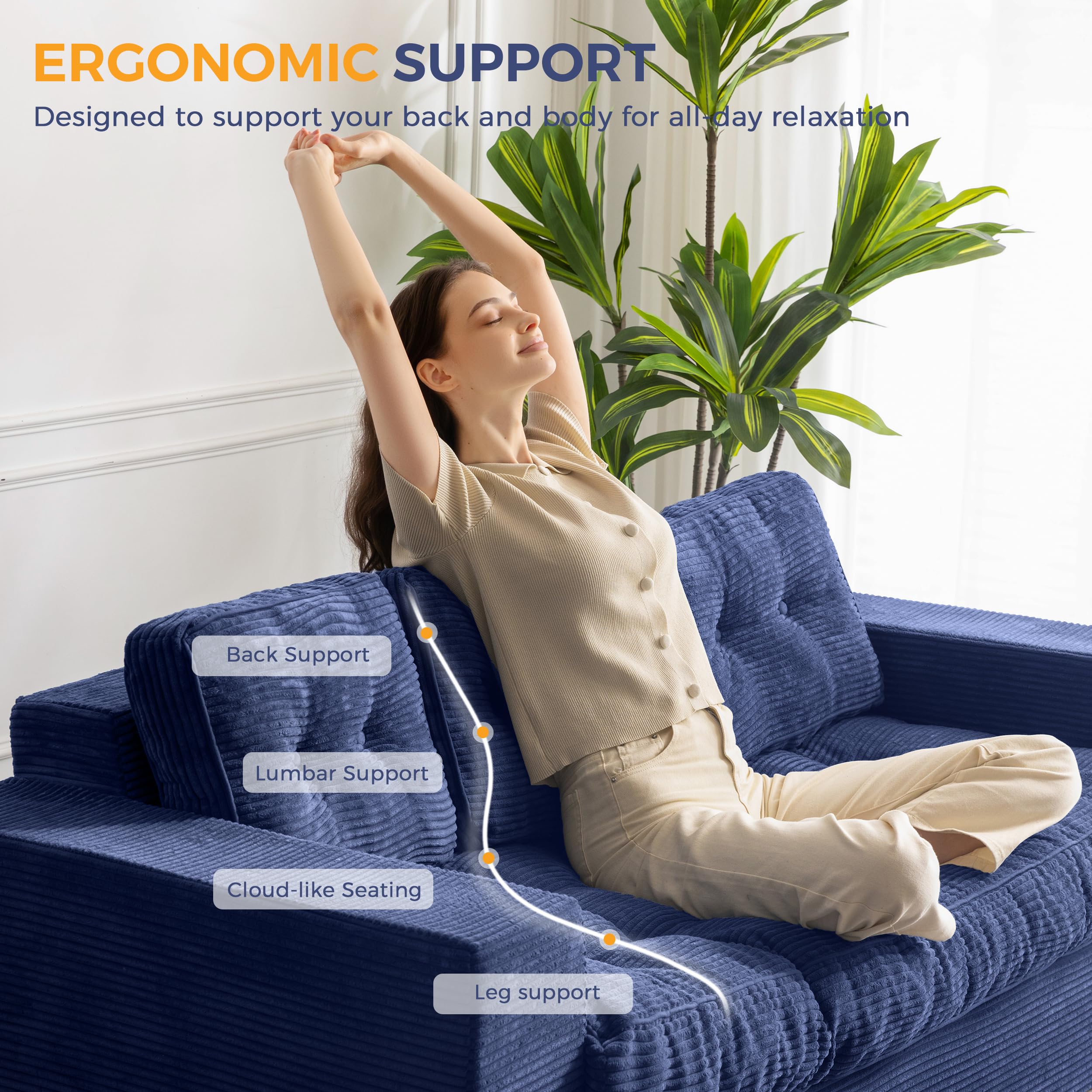 3-Seater Navy Sofa with Tufted Cushions & Armrests, Upholstered Floor Couch, Sofa-in-a-Box, No Assembly Needed