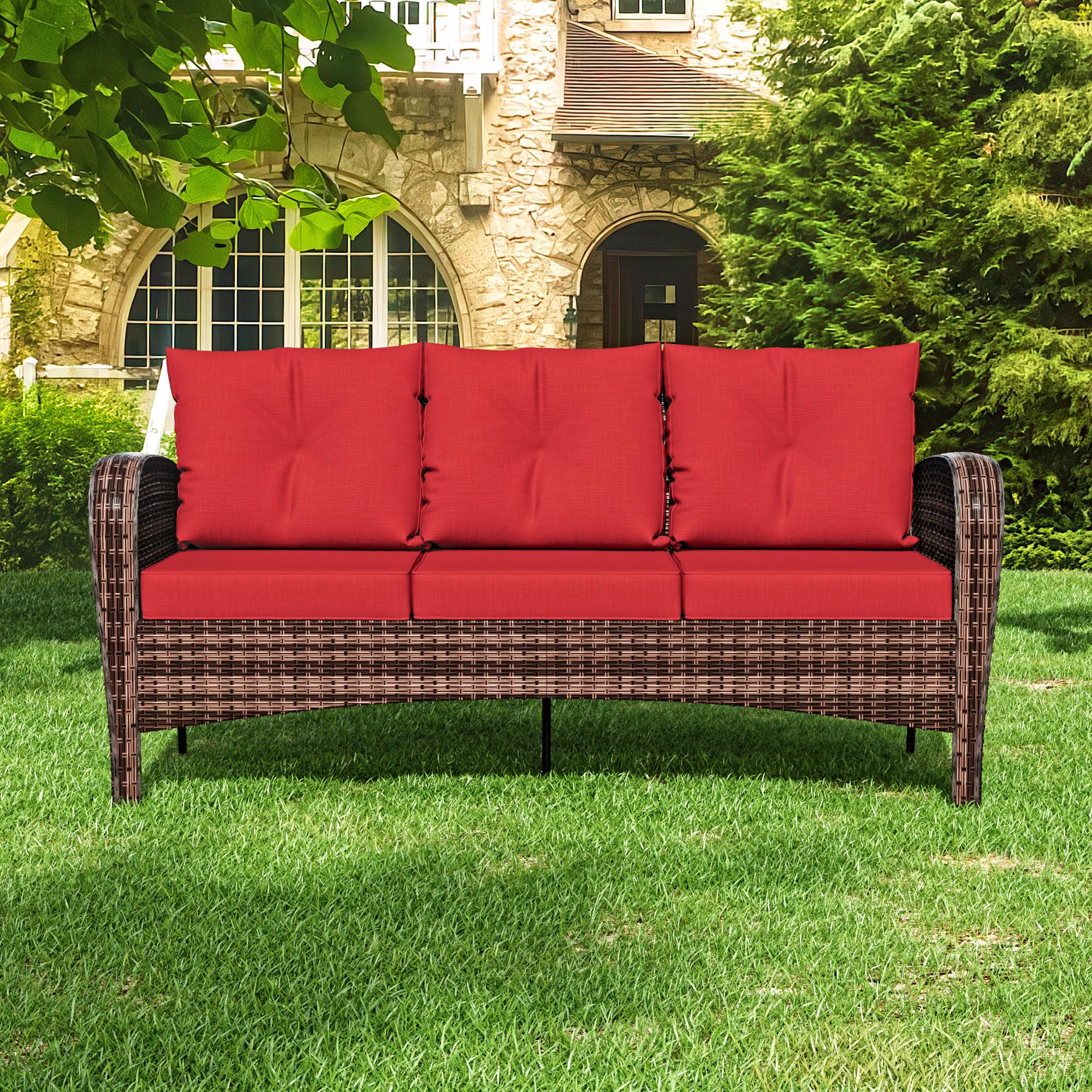 73" Red Wicker Patio Sofa, 3-Seater Rattan Couch with Cushions, Outdoor Deep Seat Furniture for Porch