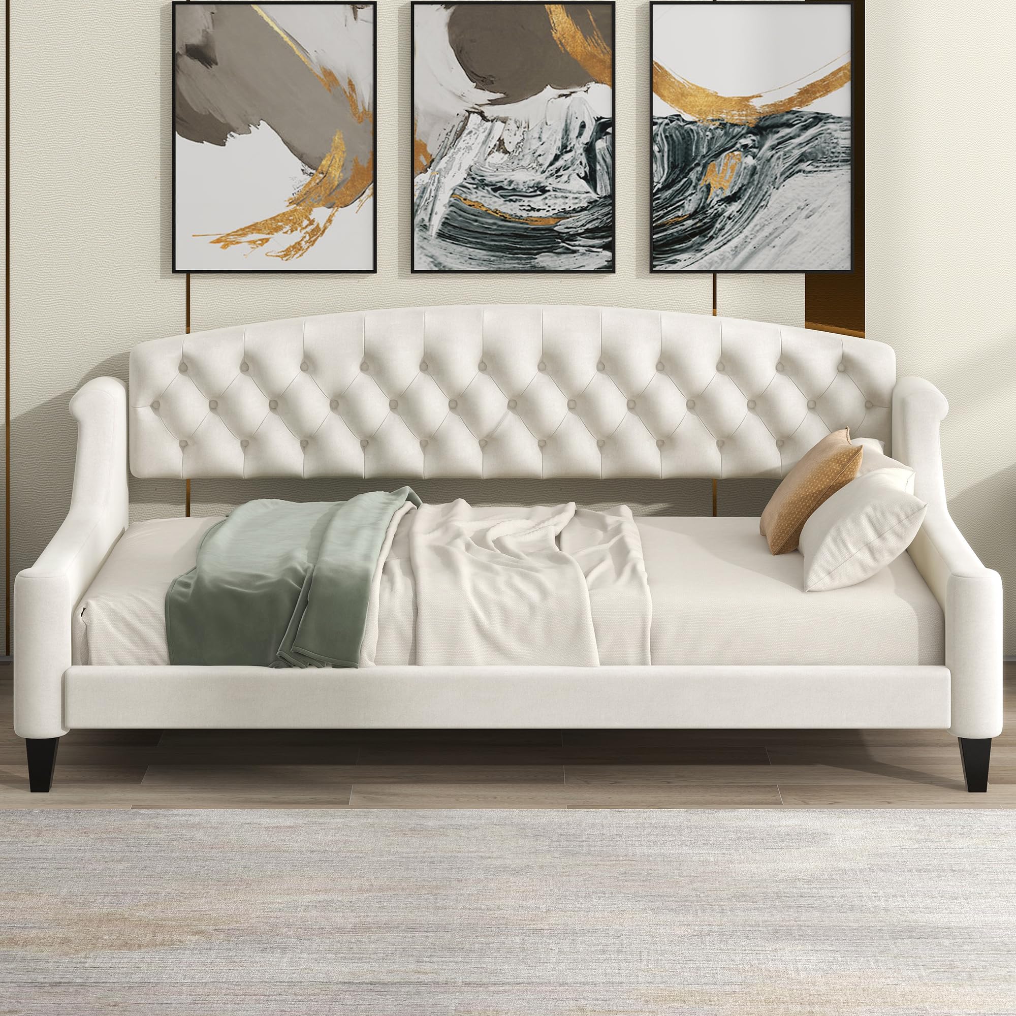 Tufted Twin Daybed – Beige Upholstered Frame, Luxury Sofa Bed Design for Bedroom or Living Room