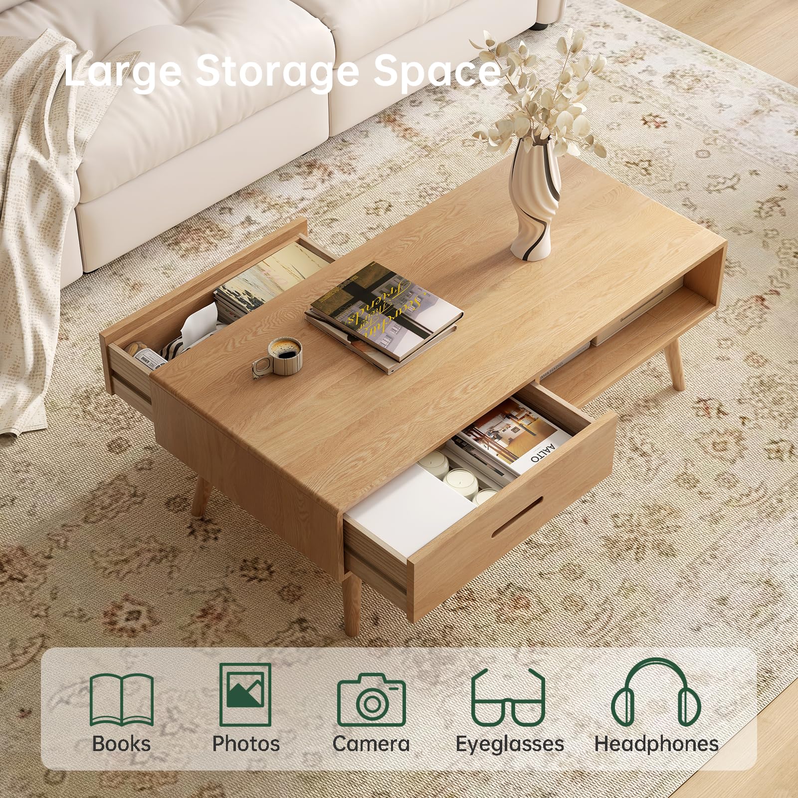 39.37'' Solid Wood Coffee Table, Mid-Century Modern Living Room Table with 2 Drawers & Storage Shelf, Oak Finish