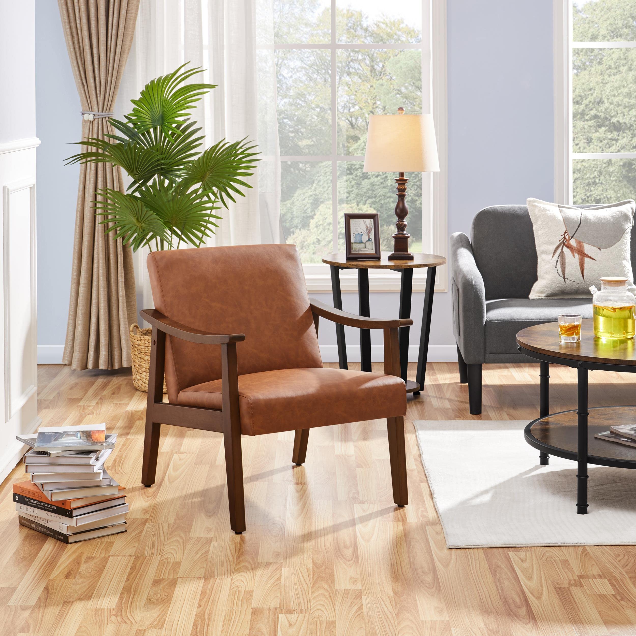 Mid-Century PU Leather Accent Chair, High Back Wood Armchairs for Bedroom, Living Room, Waiting Room, Set of 2