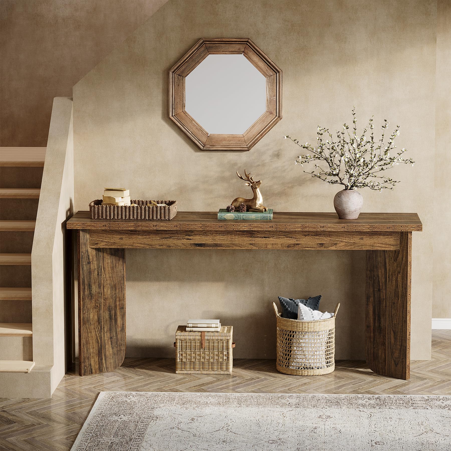 70.9" Extra Long Wooden Console Table, Farmhouse Sofa Table with Wide Top & Double Pedestal for Living Room, Hallway