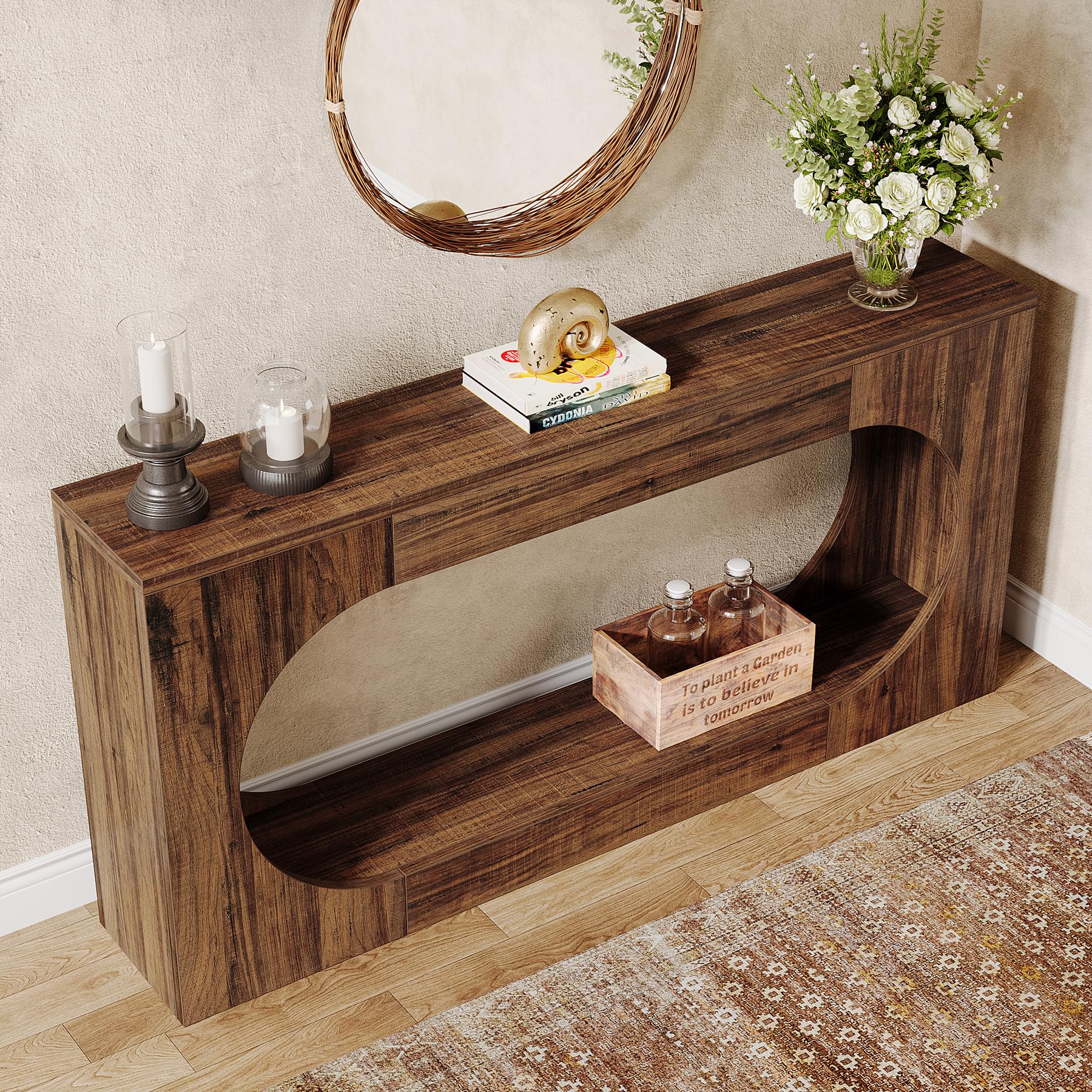 63" Narrow Sofa Table, 2-Tier Farmhouse Entryway Console Table for Hallway, Living Room, Behind Couch, Rustic Brown
