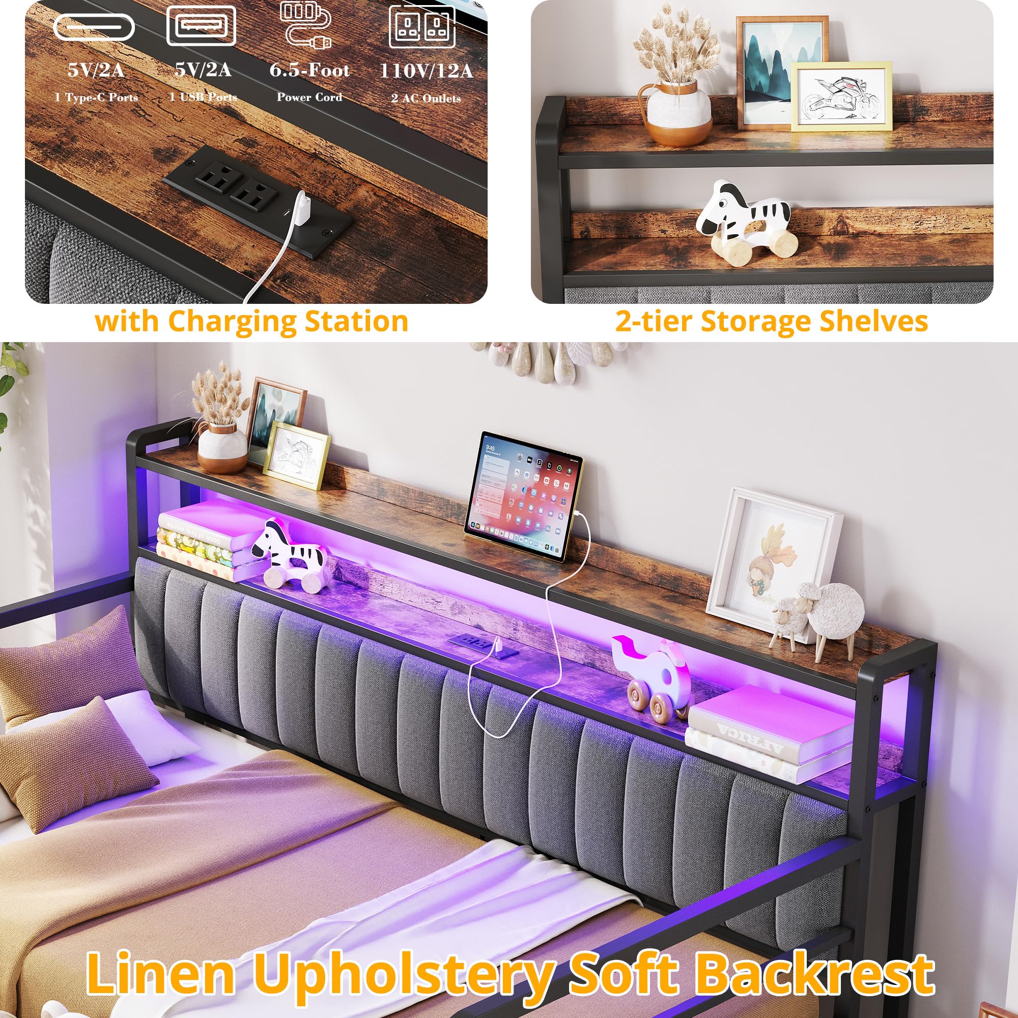 Twin Daybed with Trundle – Upholstered Frame with LED Lights, Charging Station & Storage Shelves, Black Metal