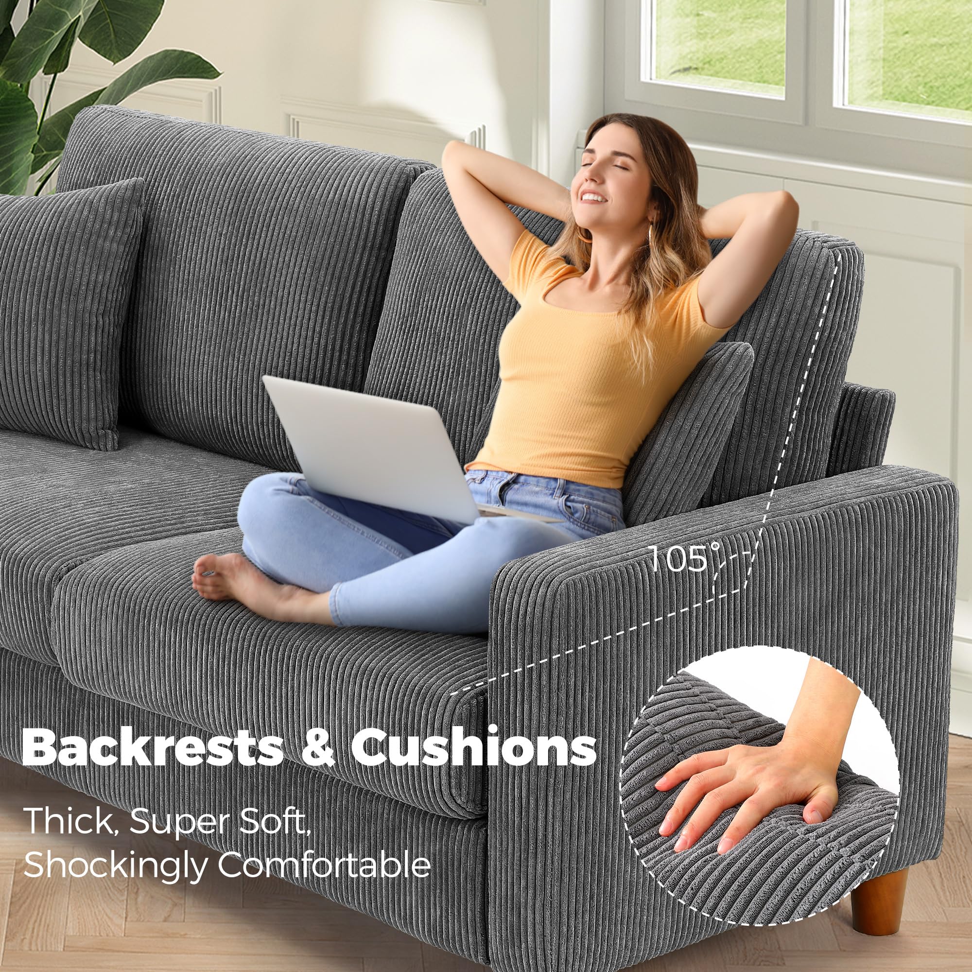 70in Grey Sofa with 21in Deep Seats, Tool-Free Comfy Corduroy Loveseat with Pillows for Bedroom, Living Room, Apartment