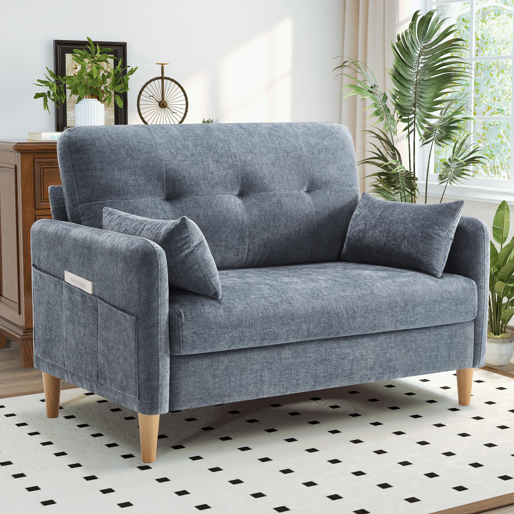 47" Loveseat Sofa – Small Chenille Couch with Removable Cushion Cover & Throw Pillow for Bedroom or Apartment