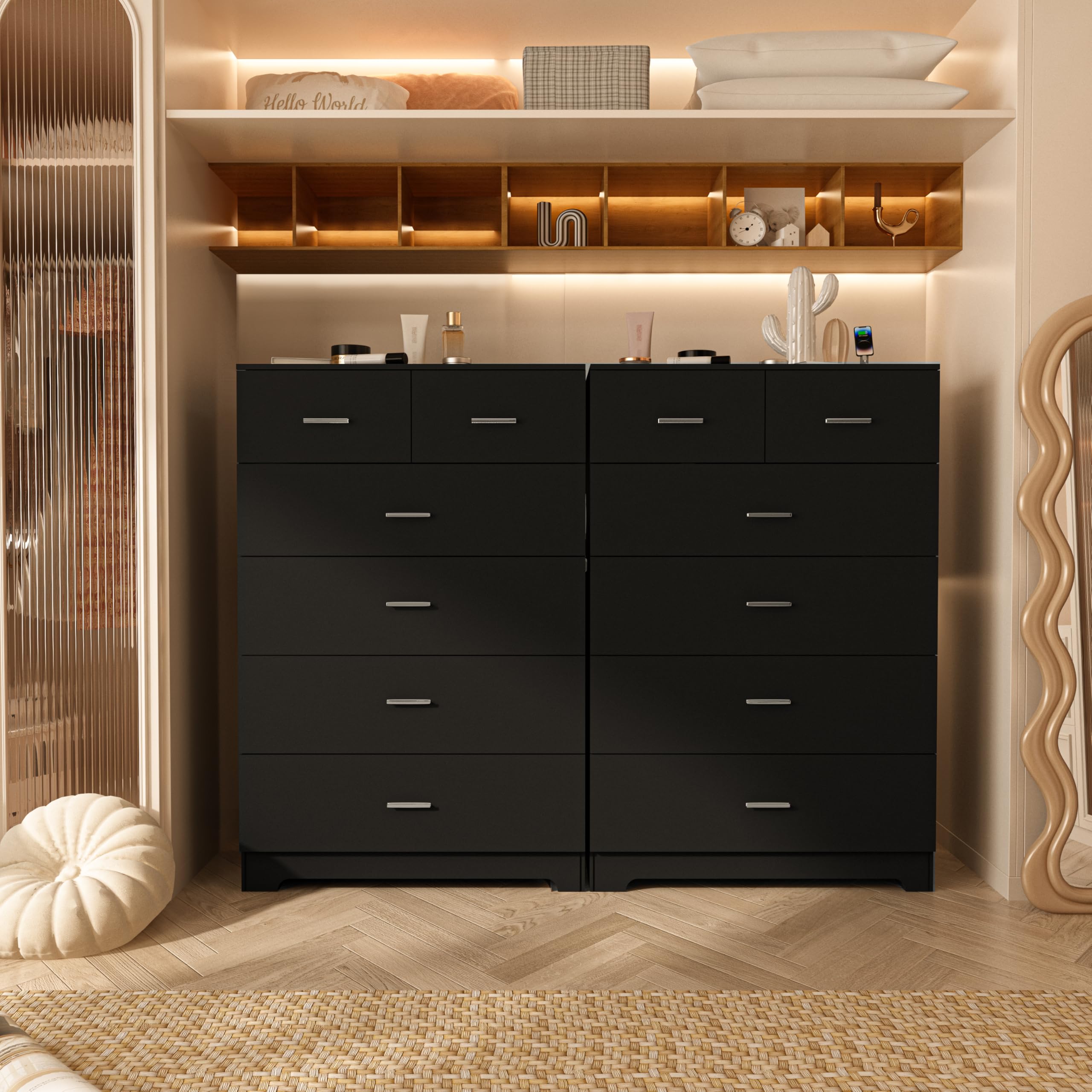 6-Drawer Black Dresser – Wooden Tall Chest with Power Outlets & Smooth Rails, Organizer for Bedroom or Hallway