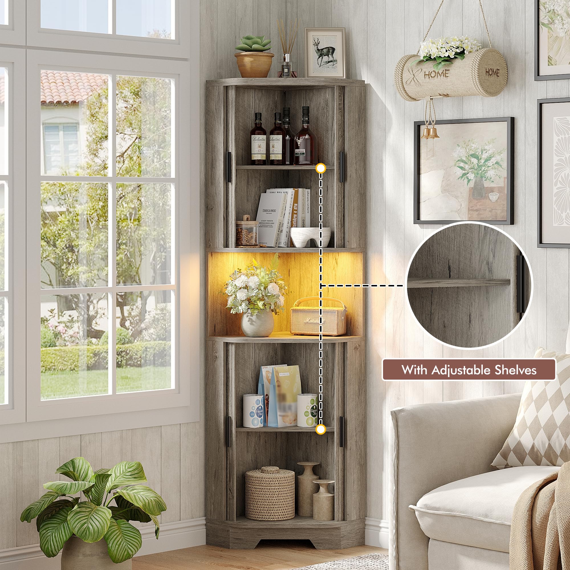 65" Farmhouse Tall Corner Cabinet with Tambour Sliding Doors, 5 Shelves & LED Light, Space Saver for Kitchen or Laundry